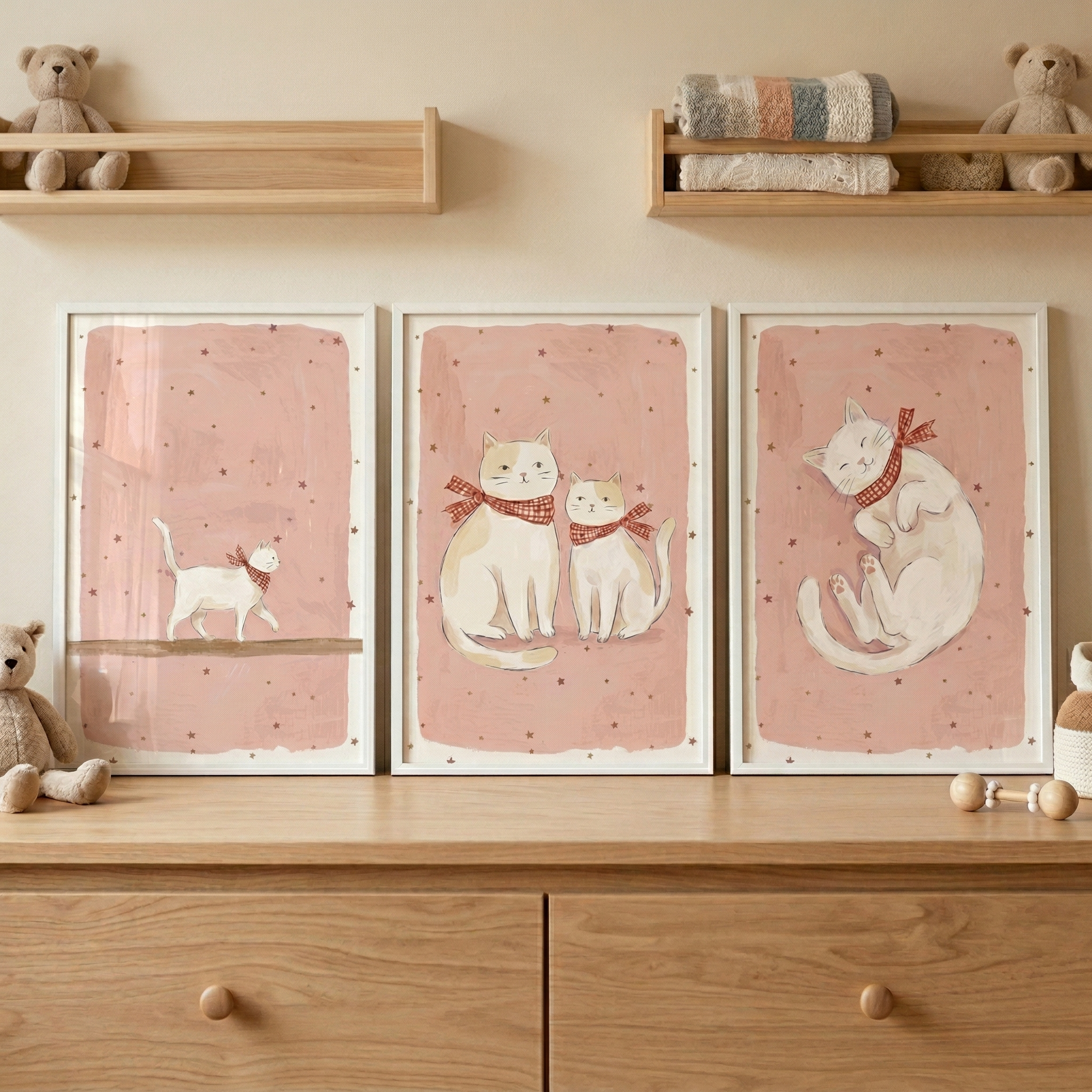 Starry Pink Nursery Cat Wall Art Set of 3 - Whimsical Scarf Kittens