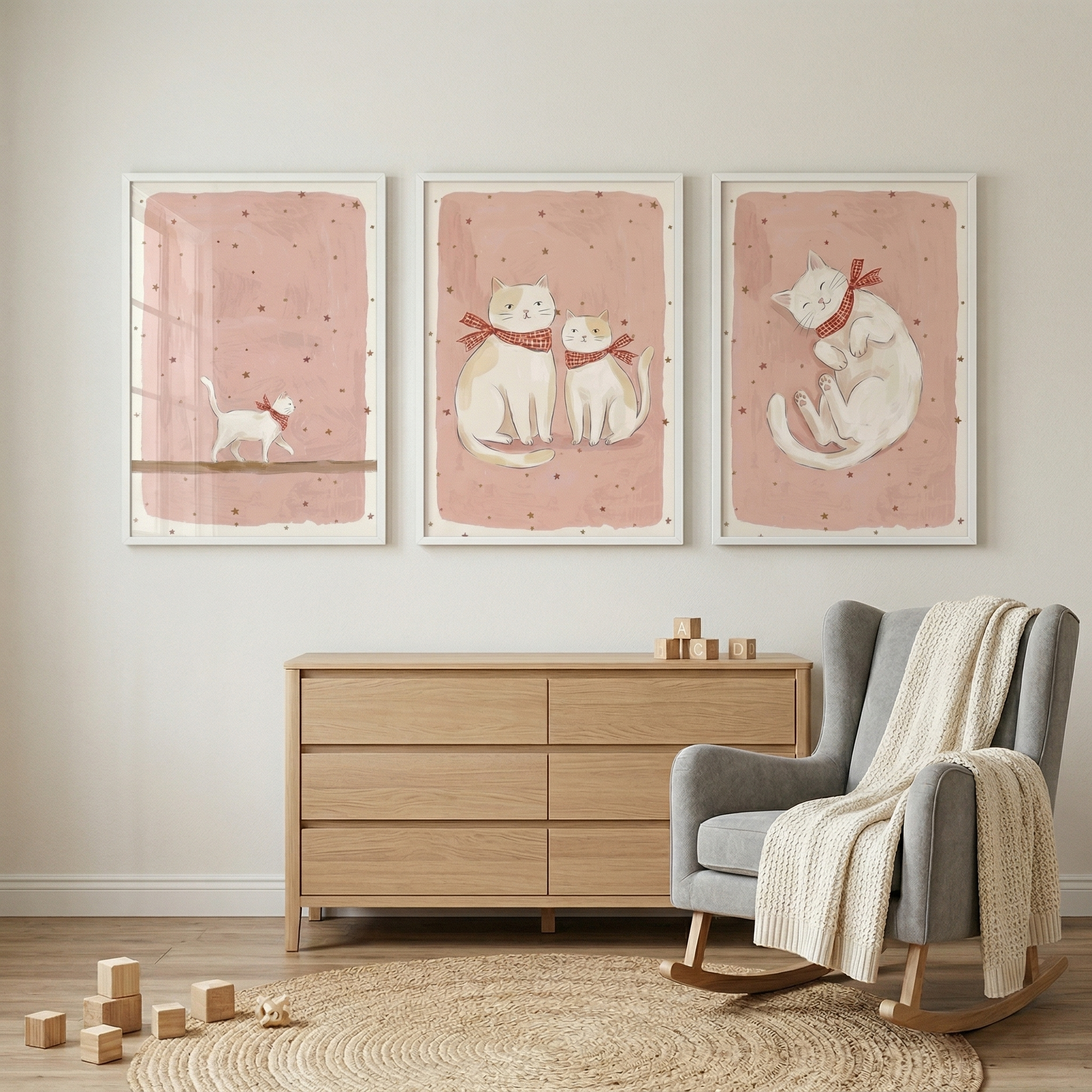 Starry Pink Nursery Cat Wall Art Set of 3 - Whimsical Scarf Kittens