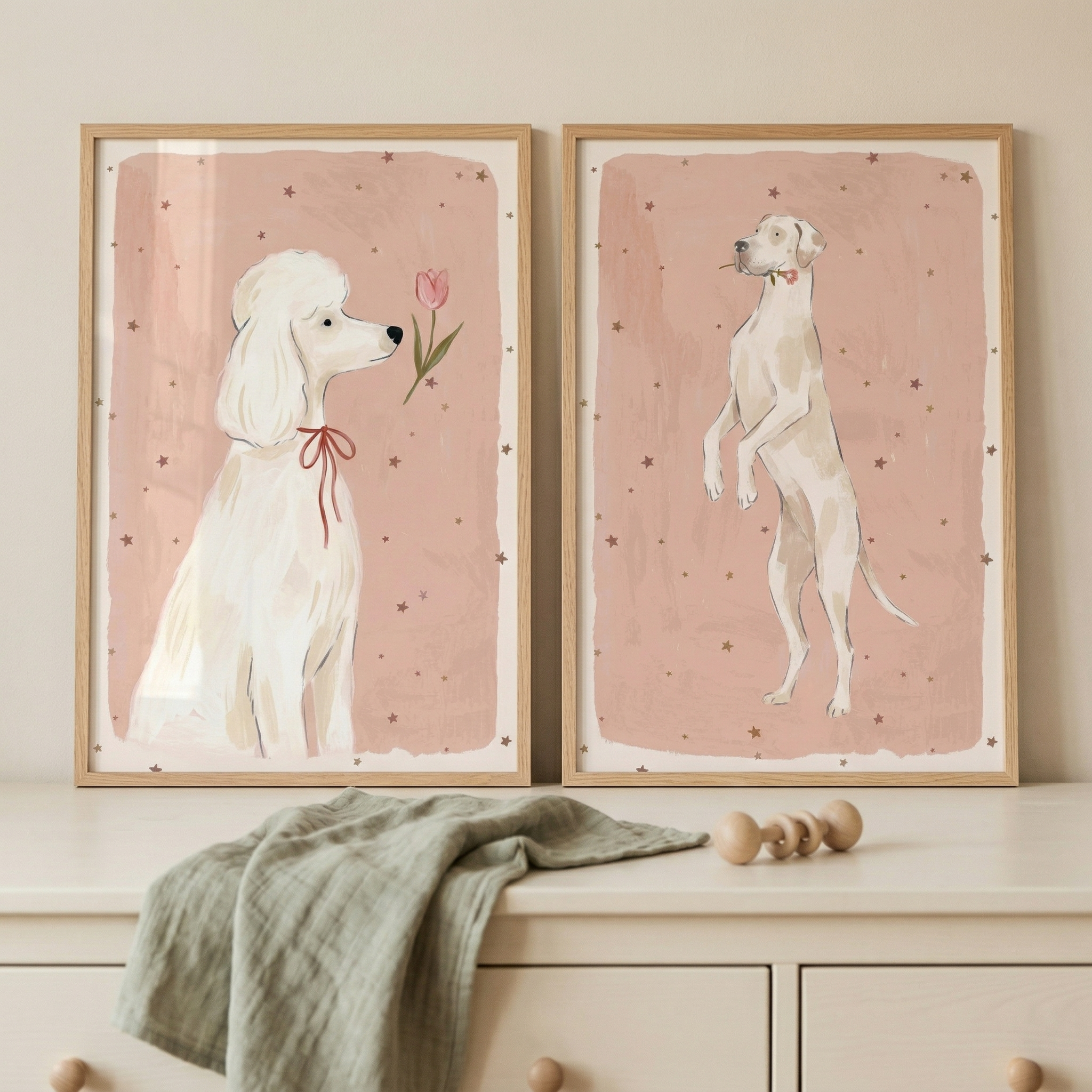 Starry Pink Whimsical Dog Wall Art Set of 2 - Sweet Poodle Dreams