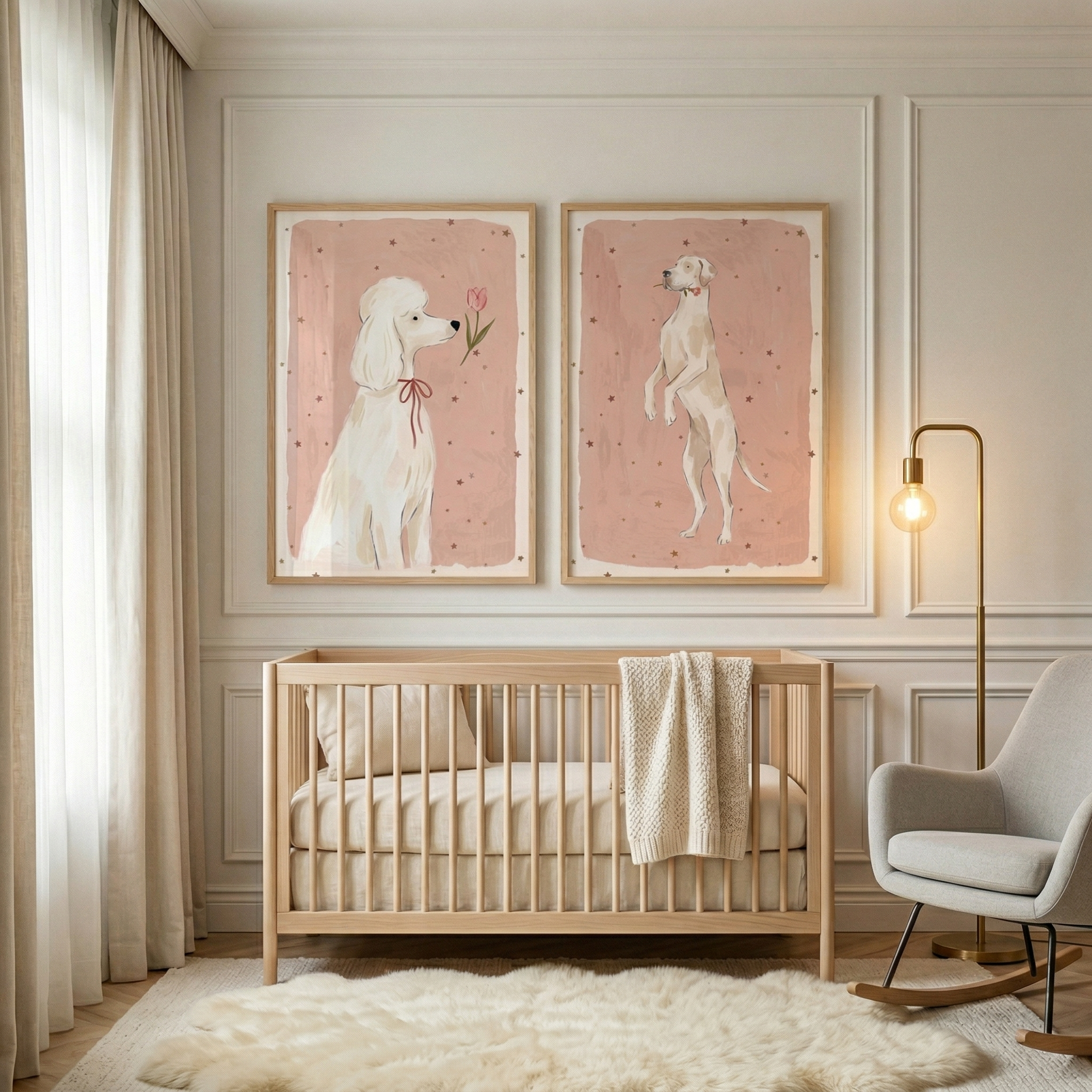 Starry Pink Whimsical Dog Wall Art Set of 2 - Sweet Poodle Dreams