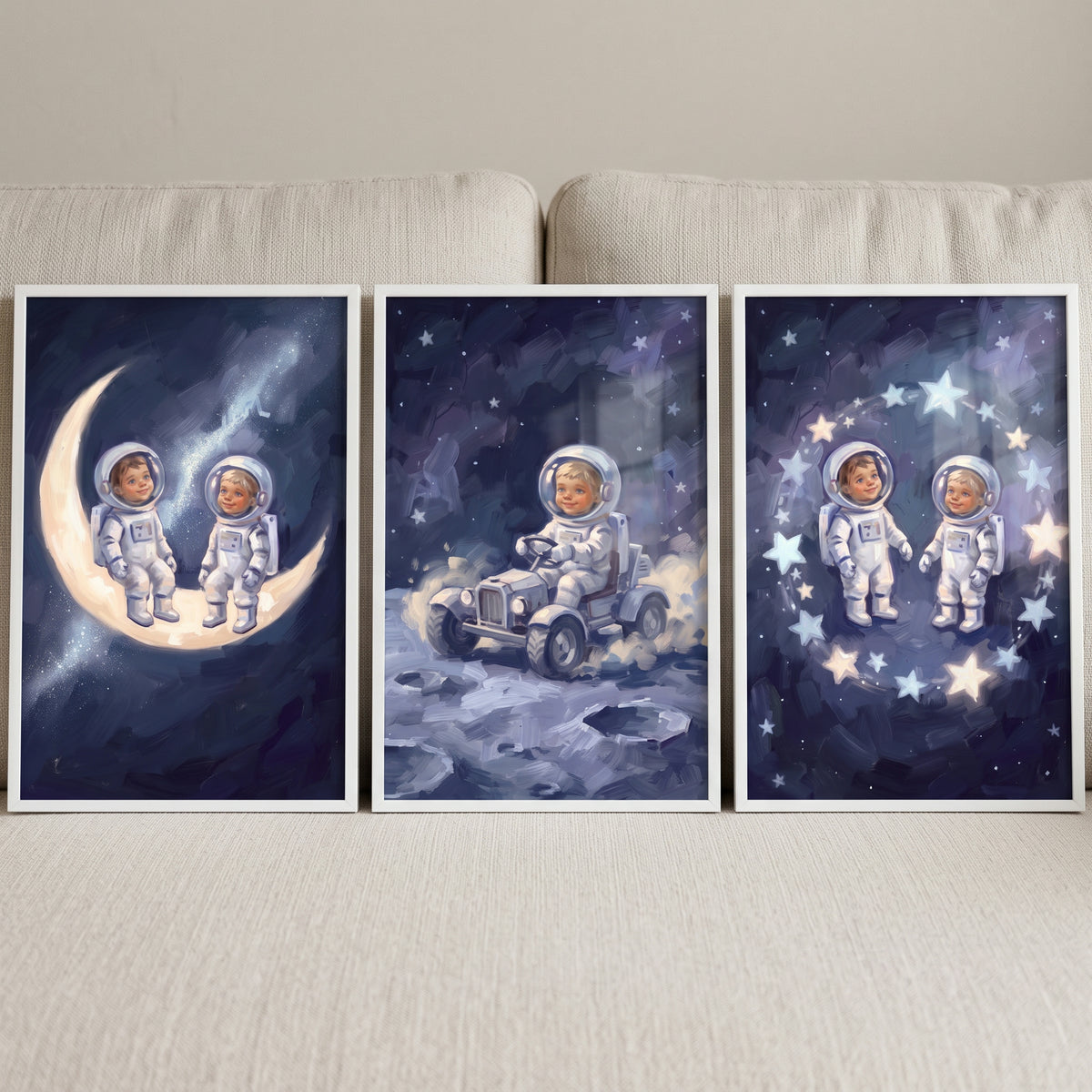 Starry sapphire baby astronaut wall art set of 3 shows toddlers on a crescent moon, in a rover, and surrounded by stars.