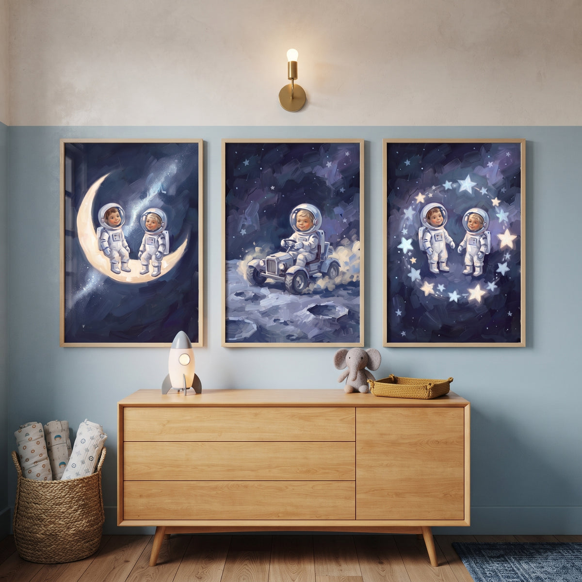 Starry Sapphire Baby Astronaut Wall Art Set of 3 - Starry Astronaut Dreams