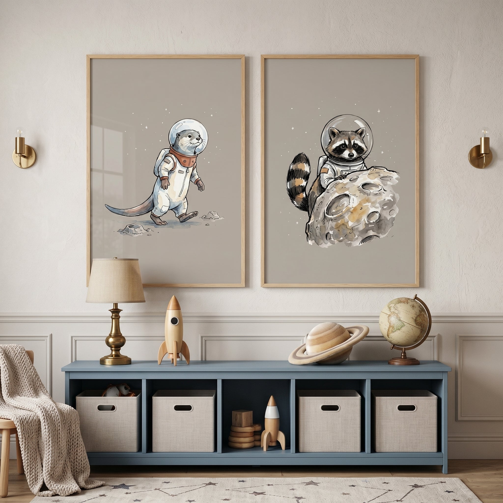 Starry Sky Astronaut Animal Wall Art Set of 2 - Stellar Space Critters