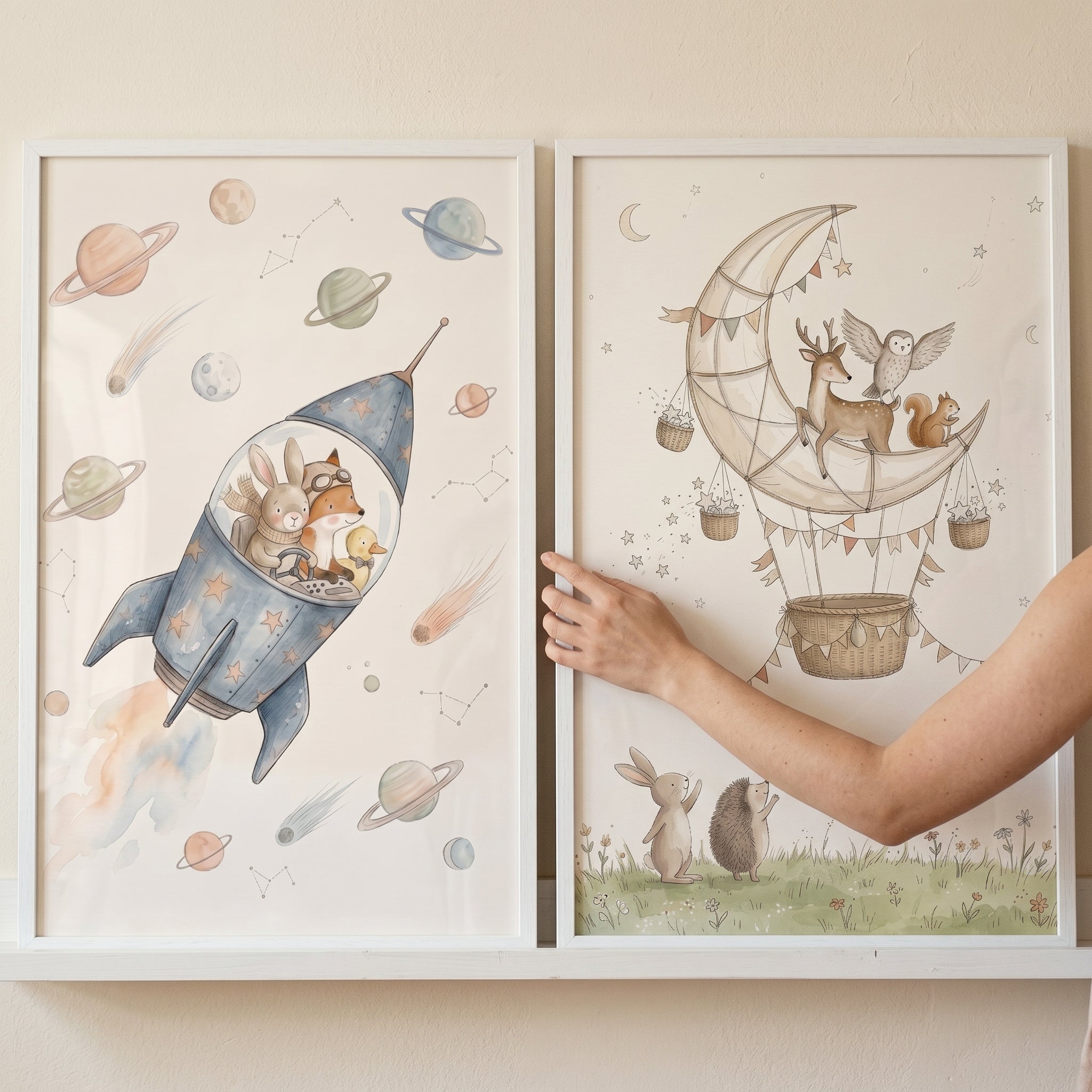 Starry Sky Whimsical Animals Wall Art Set of 2 - Celestial Animal Explorers