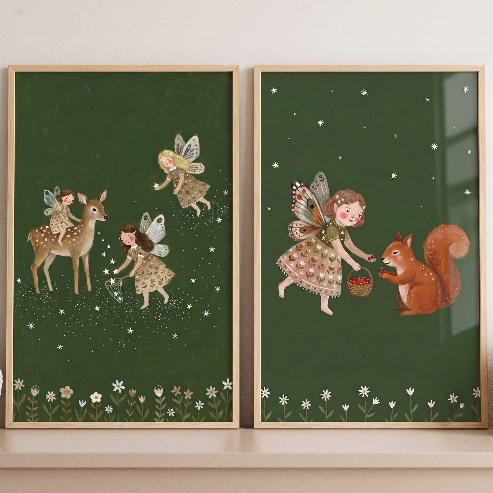 Starry sky woodland fairies wall art set of 2 featuring whimsical fairies, a deer, and a squirrel on green backgrounds.