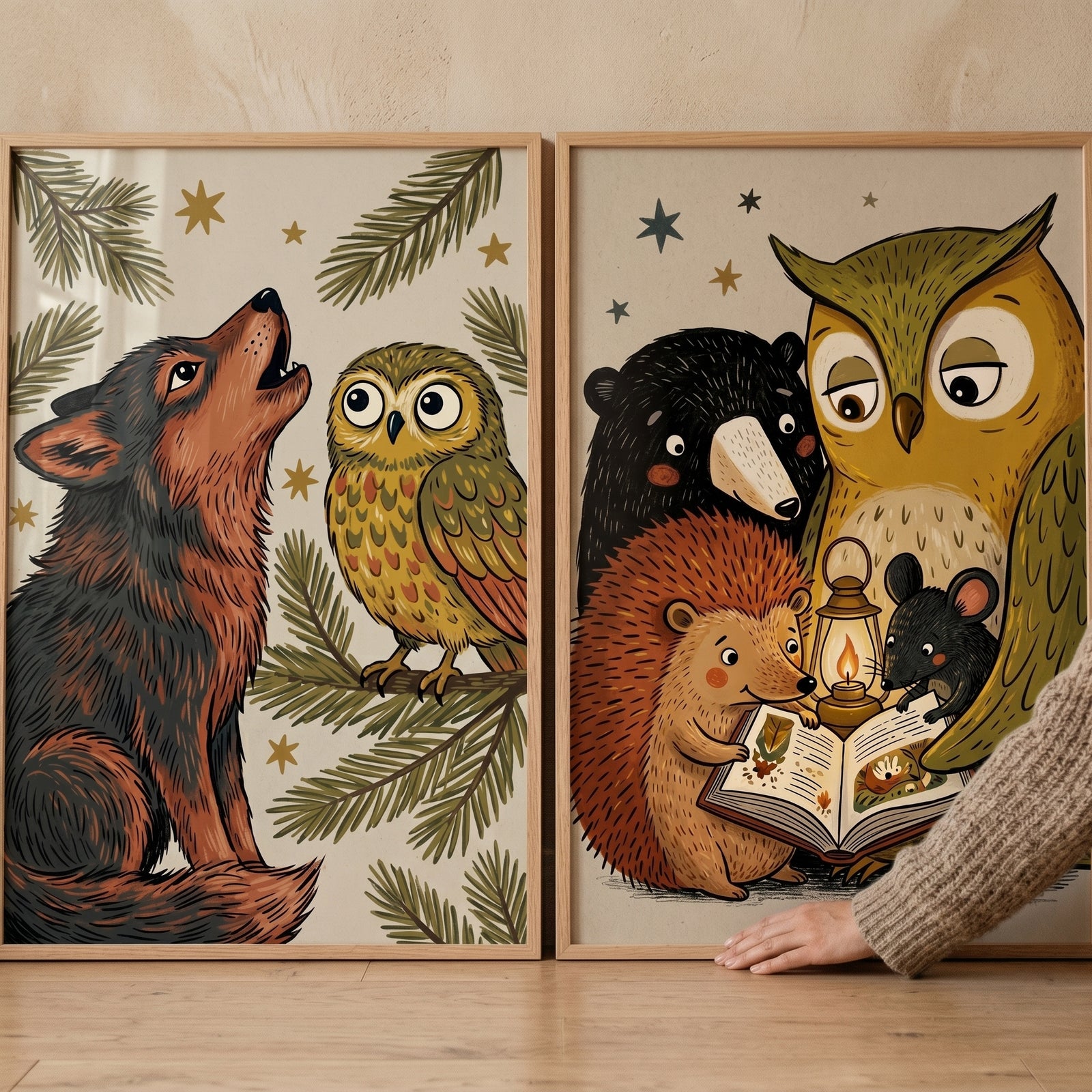 Starry storybook woodland animals wall art set of 2 with a howling wolf, owls, bear, and hedgehog reading a book.