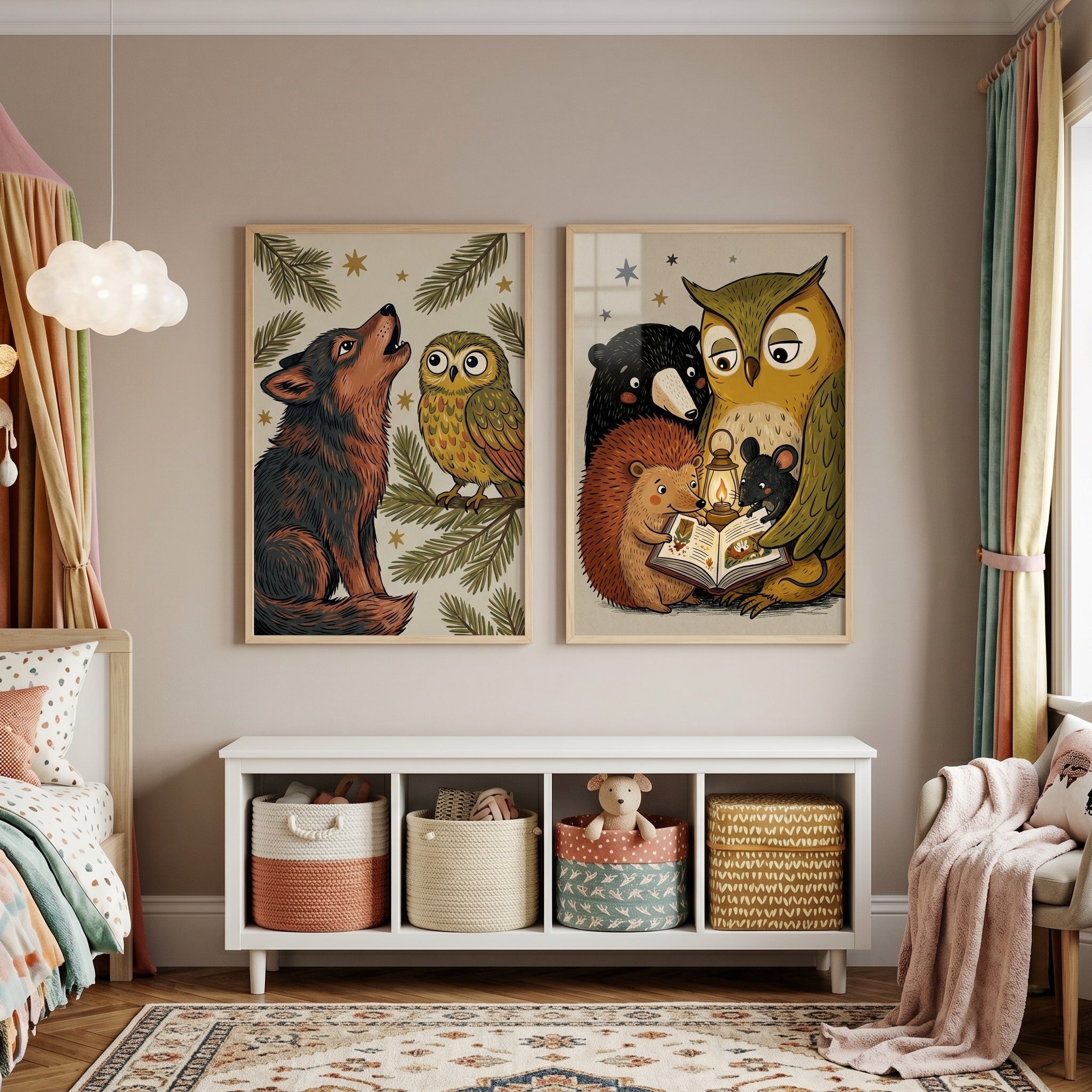 Starry Storybook Woodland Animals Wall Art Set of 2 - Wildwood Night Tales