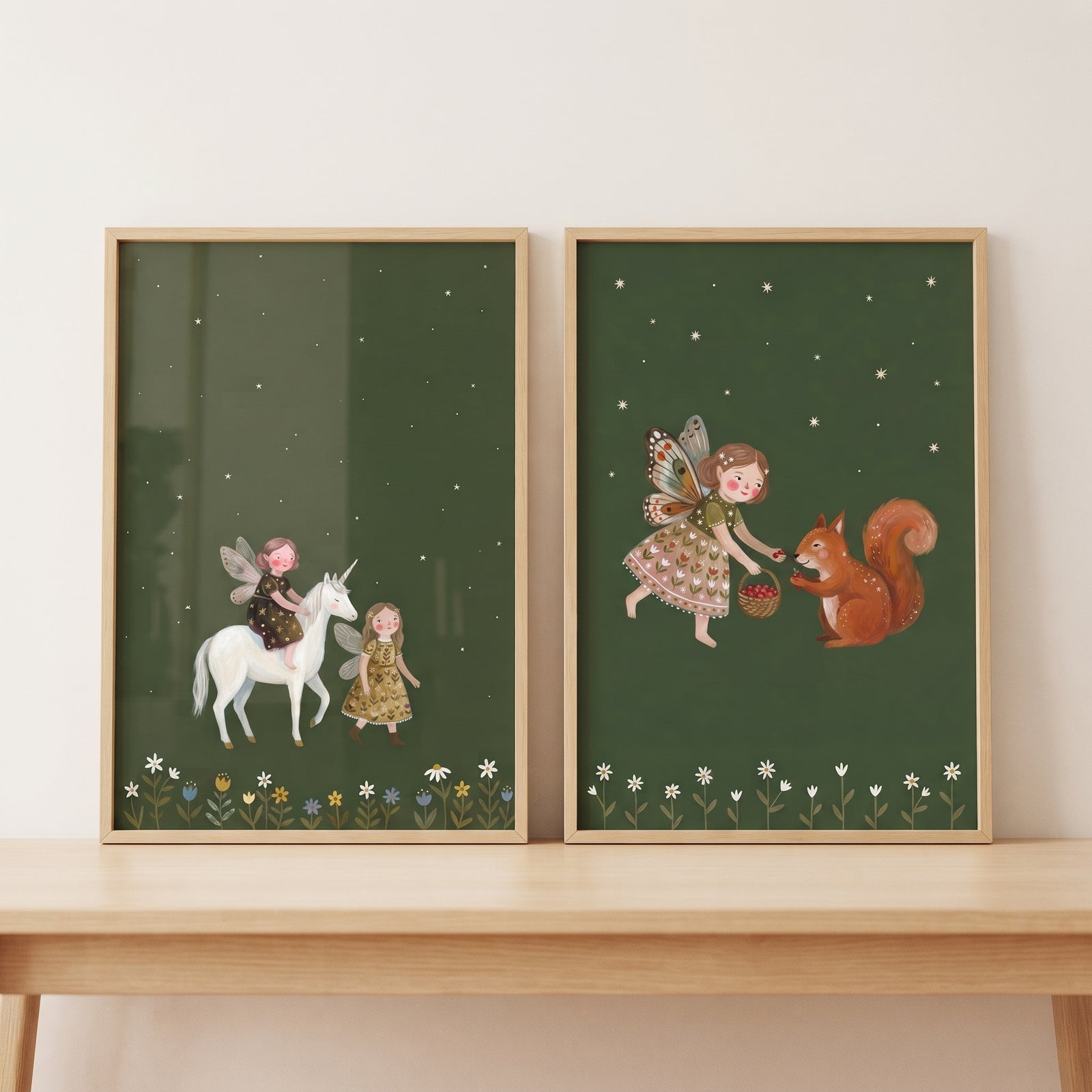 Starry wildflower border fairies wall art set of 2 shows fairies with a unicorn and squirrel on dark green backgrounds.