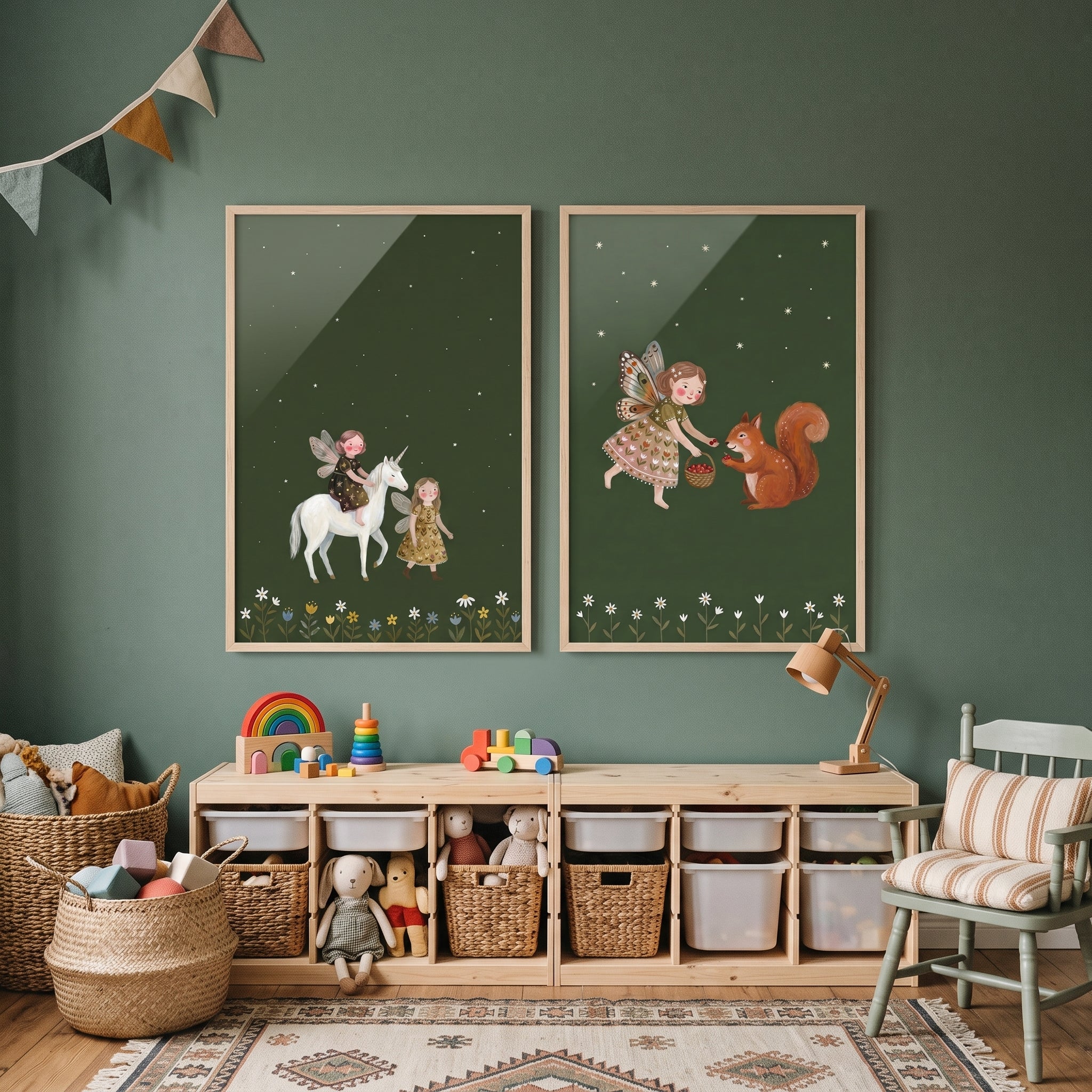 Starry Wildflower Border Fairies Wall Art Set of 2 - Enchanted Night Fairies