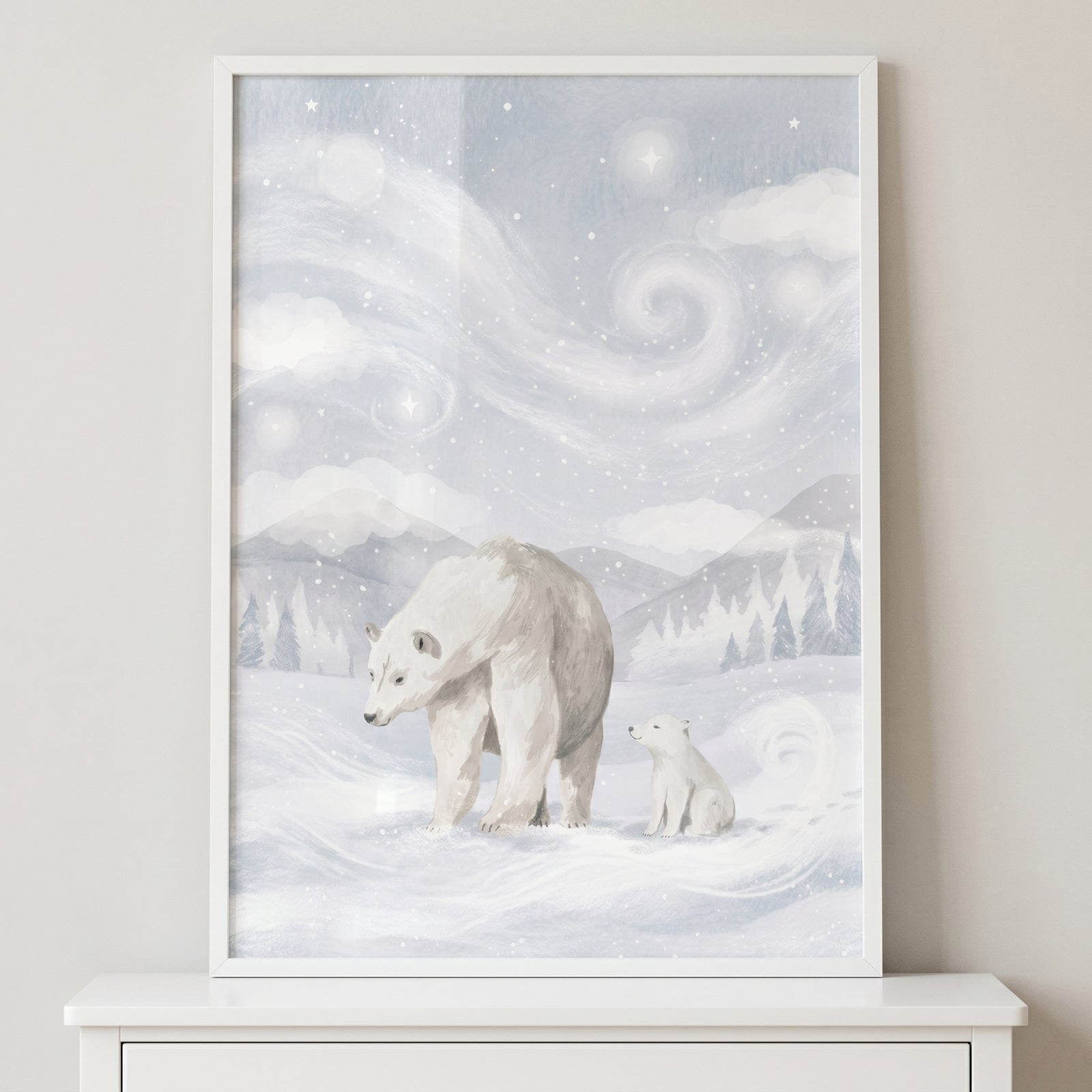 Framed starry winter polar bear wall art featuring a mother and cub in a snowy landscape with a swirling sky.