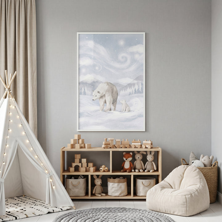 A child's room features a teepee, wooden toys, a bean bag, and starry winter polar bear wall art.