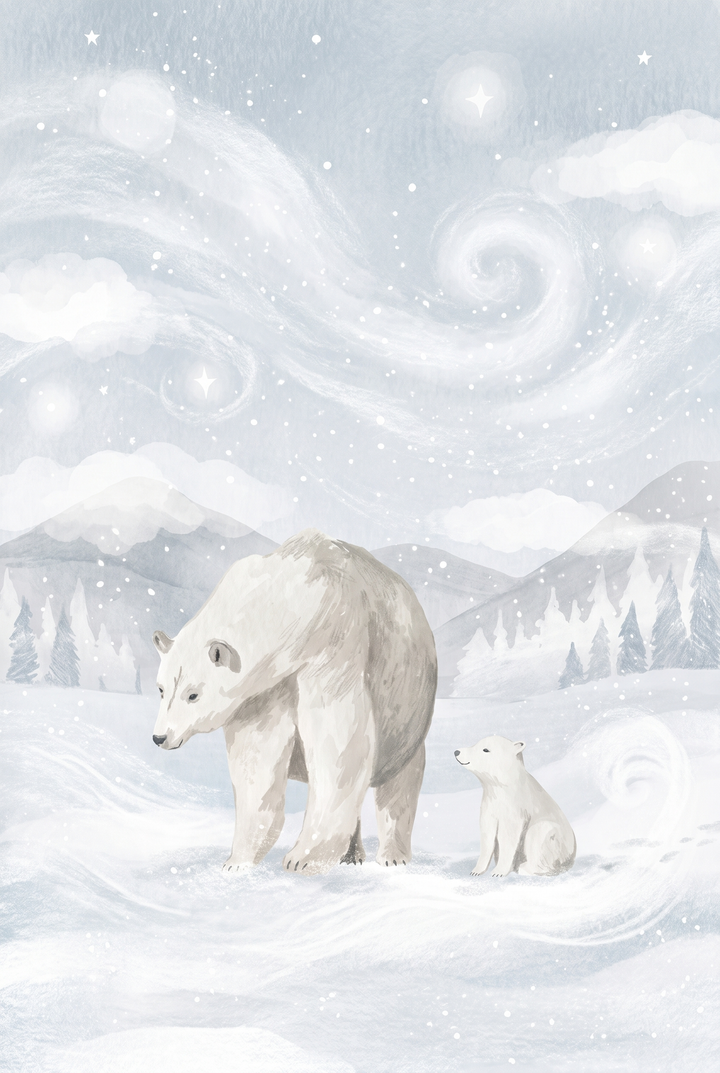 Starry winter polar bear wall art with a large bear and cub in a snowy landscape under a swirling, snow-filled sky.