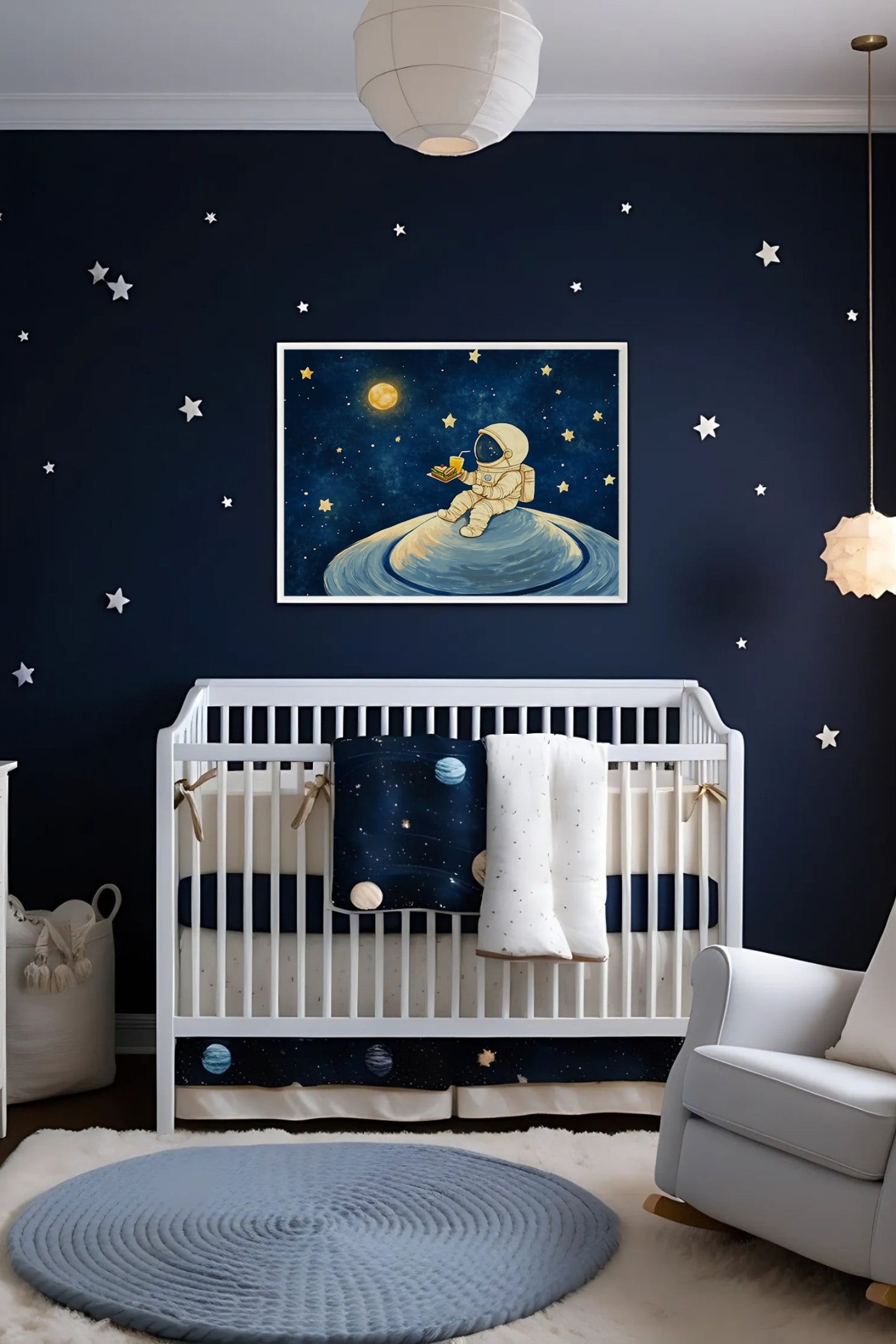 Planet Picnic Astronaut Wall Art for Nursery, Playroom or Kids Bedrooms - Whimsical Space and Stars Decor - Orbit Feast
