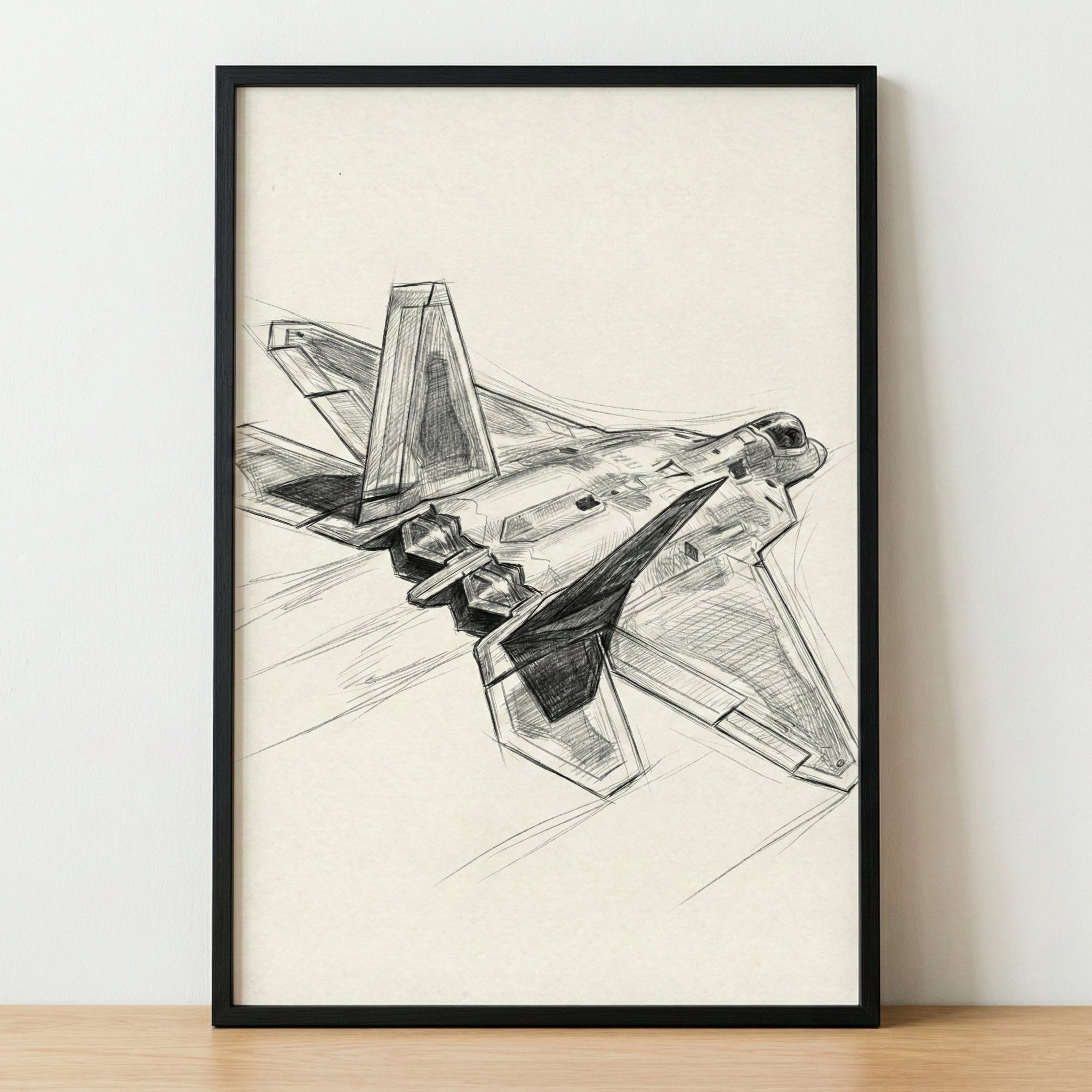 A pencil sketch of a modern military fighter jet, presented in a black frame resting on a wooden surface. The illustration shows the jet from an elevated rear perspective, highlighting its sleek, stealth-inspired design with twin engines and angled tail fins. The drawing style features visible pencil strokes, shading, and technical-style construction lines on a light-colored paper background.