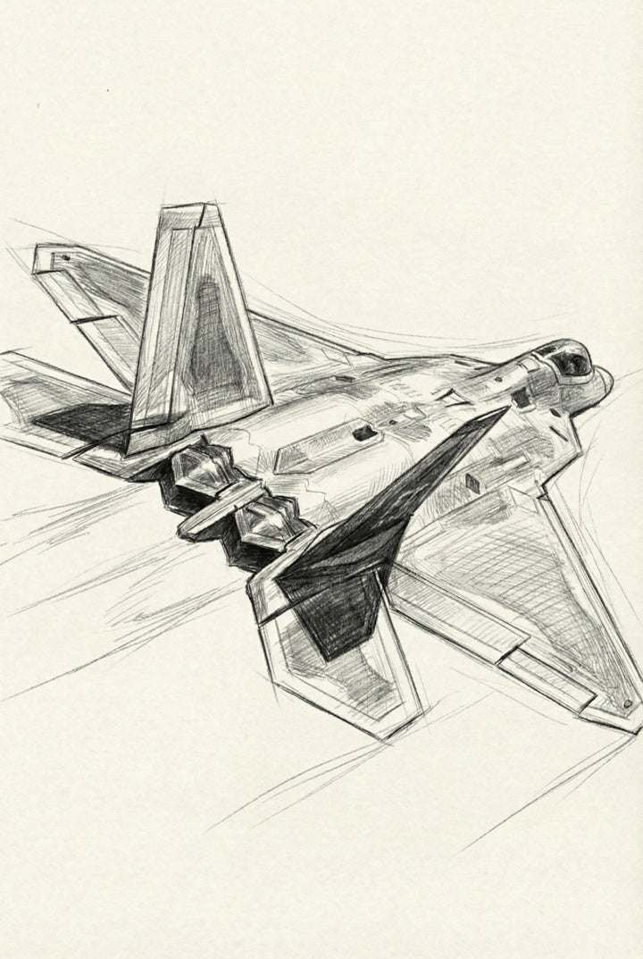 Sketch of a modern fighter jet viewed from behind, banking in flight with sharply angled wings and afterburners visible.