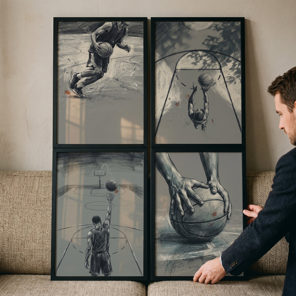 A man displays a steel blue basketball player sports wall art set of 4 featuring action sketches in black frames.