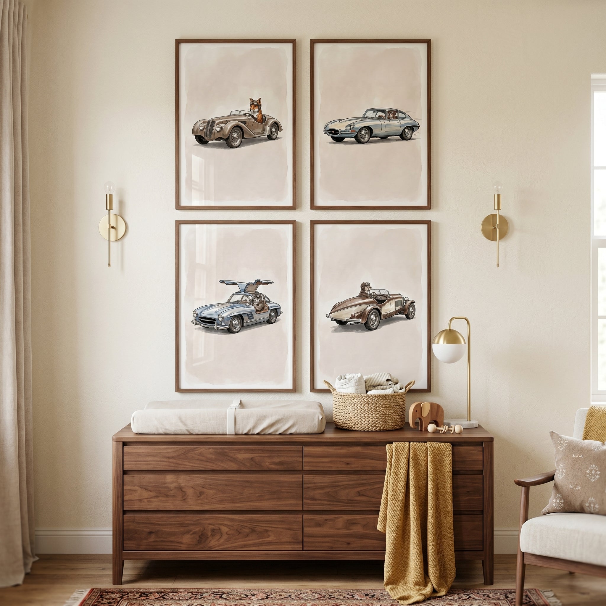 Steering Wheel Racing Animal Wall Art Set of 4 - Whimsical Motor Club