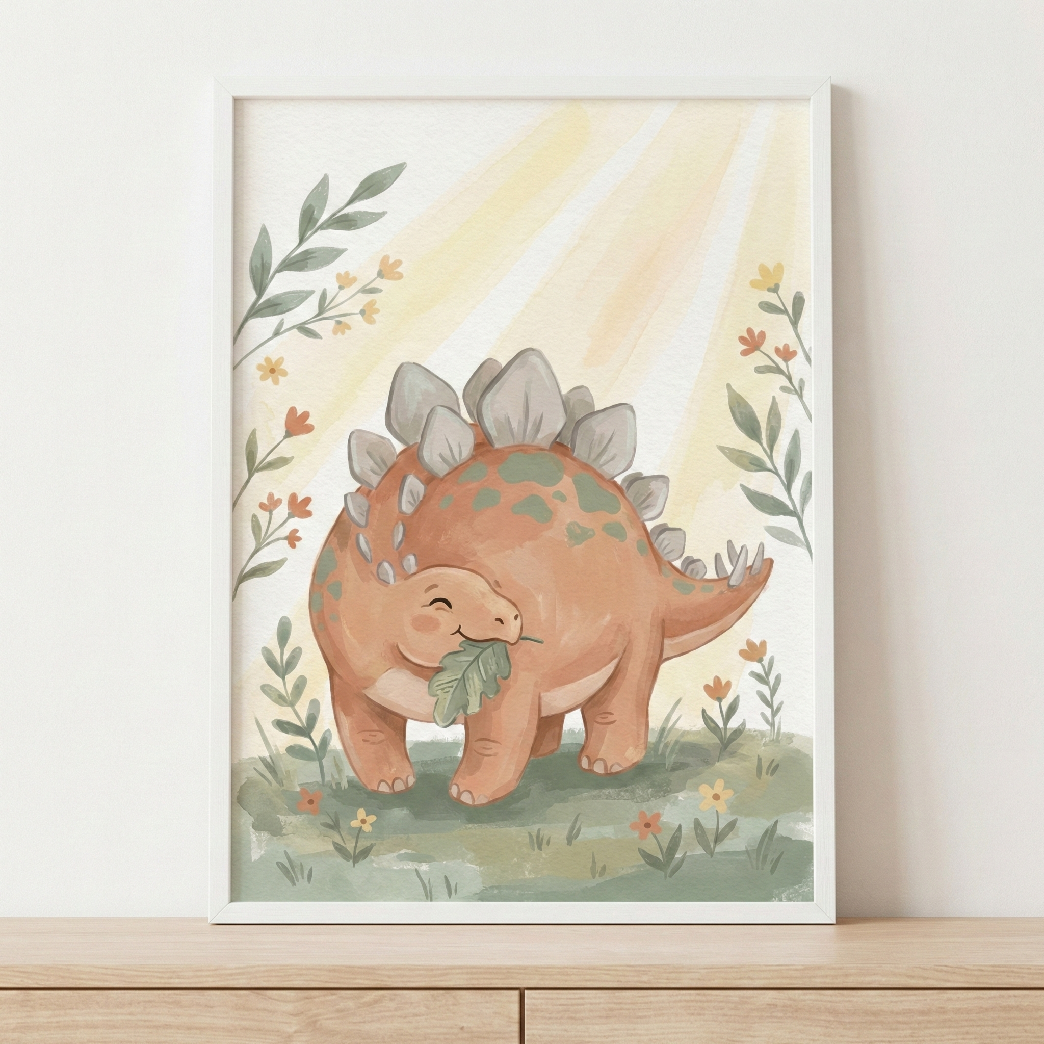 A framed illustration of a friendly, smiling orange dinosaur with bony plates on its back and green spots. The dinosaur holds a green leaf in its mouth and stands in a grassy meadow with small yellow and orange flowers. Soft leafy plants frame the scene, and pale yellow light rays shine from the top corner. The artwork is in a white frame on a light wood shelf.