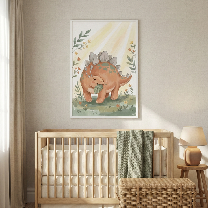 A neutral-toned nursery featuring a light wood crib positioned beneath a framed watercolor-style illustration of a friendly orange dinosaur with grey plates on its back eating a green leaf. A green knitted blanket is draped over the side of the crib and onto a large wicker storage basket. A small wooden side table with a lamp sits to the right, and a light-colored curtain is on the left, all set against warm beige walls.