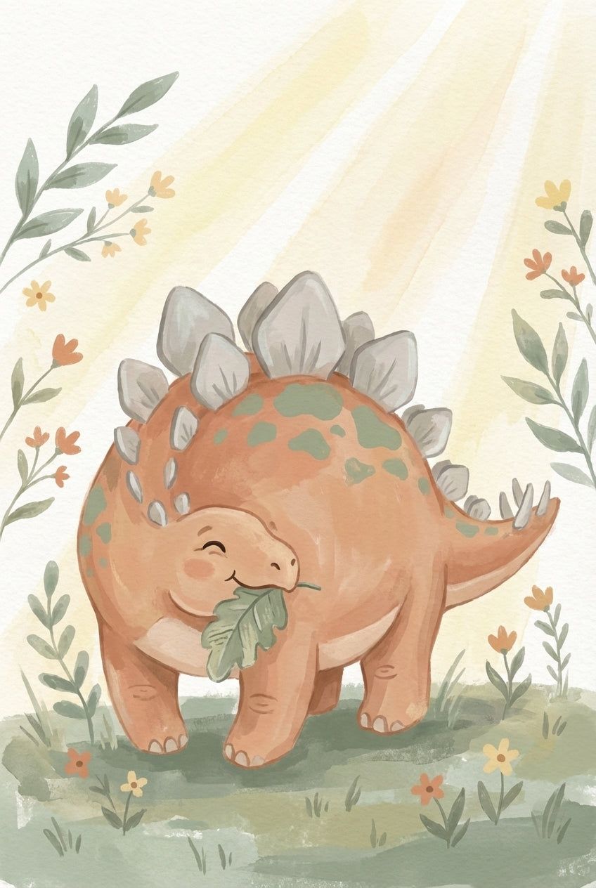 A happy orange stegosaurus with green spots munches on a leaf, standing in a sunny garden surrounded by leafy stems and wildflowers.

