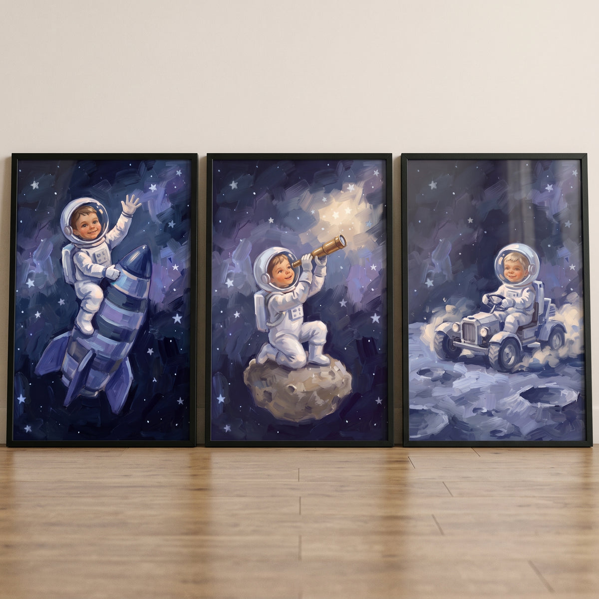 Stellar blue baby astronaut wall art set of 3 shows a child on a rocket, using a telescope, and driving a lunar rover.