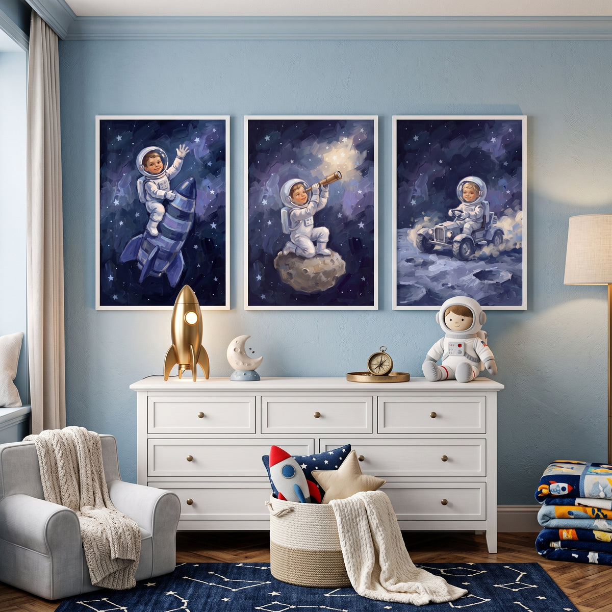 Stellar Blue Baby Astronaut Wall Art Set of 3 - Cosmic Dream Quest