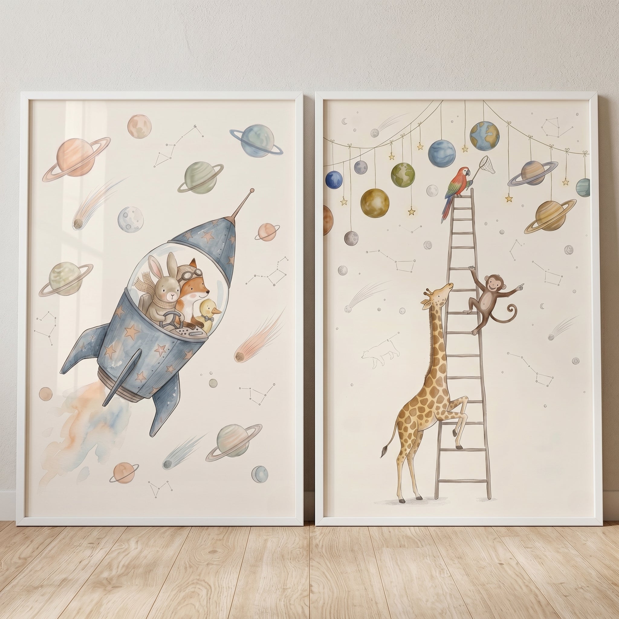 Stellar Exploration Watercolor Animals Wall Art Set of 2 - Galactic Safari Friends