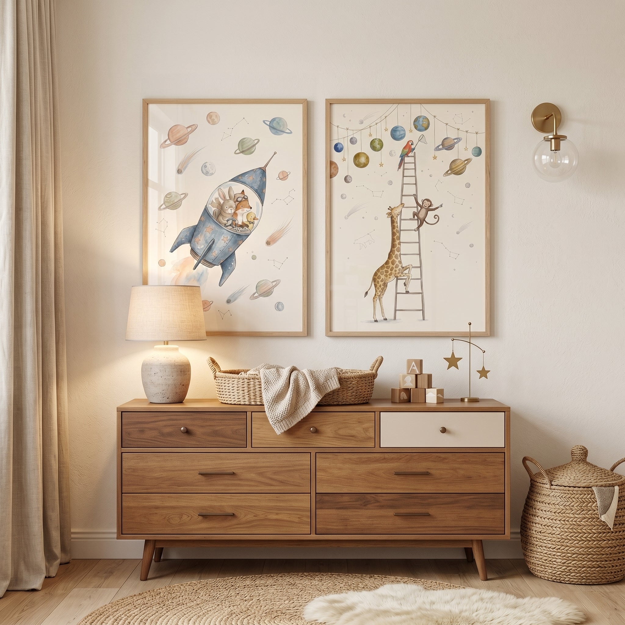 Stellar Exploration Watercolor Animals Wall Art Set of 2 - Galactic Safari Friends