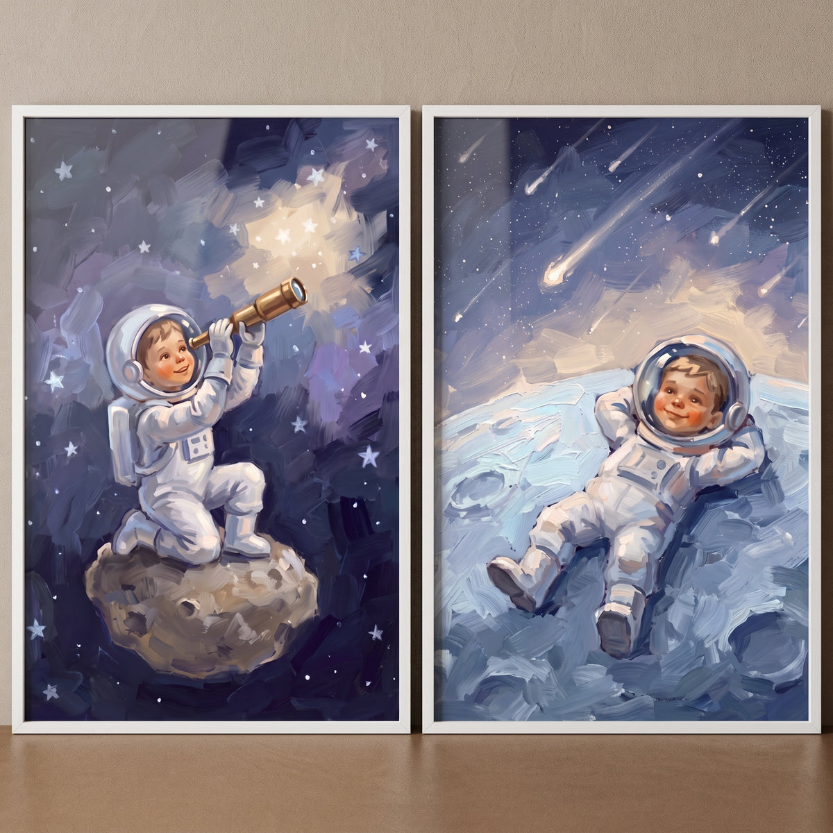 Stellar midnight child astronaut wall art set of 2 shows kids in space suits using a telescope and resting on the moon.