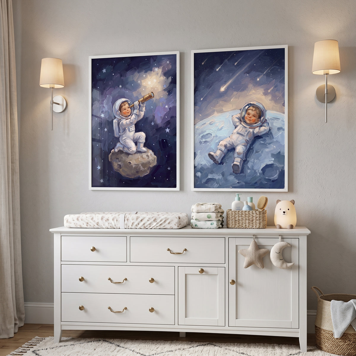 Stellar Midnight Child Astronaut Wall Art Set of 2 - Celestial Dreamer