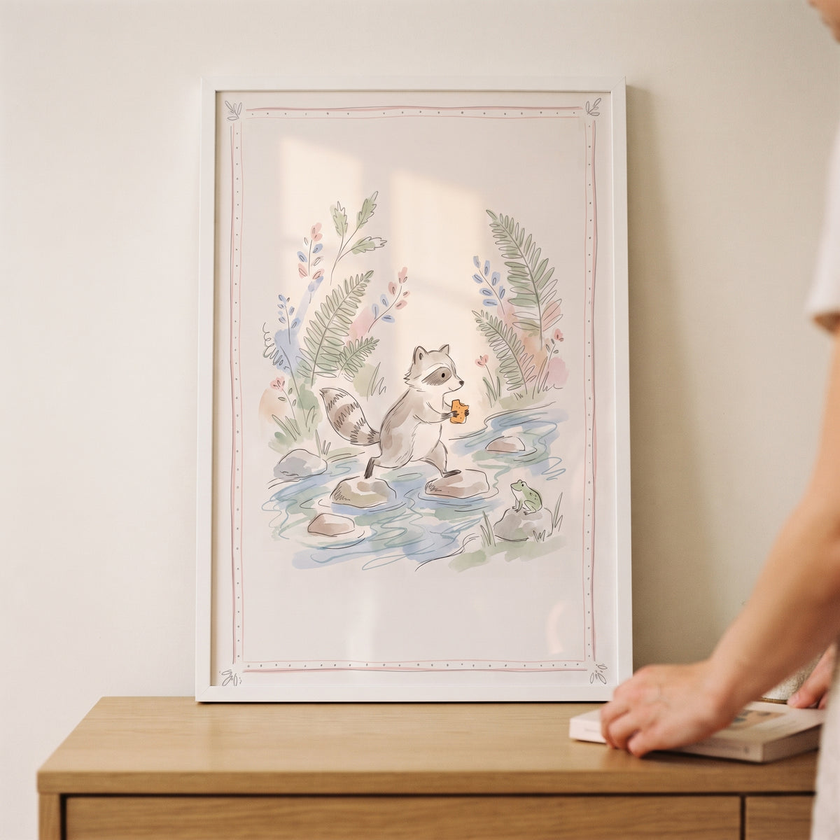 Framed stepping stone raccoon wall art showing a watercolor raccoon crossing a creek on rocks while holding a snack.