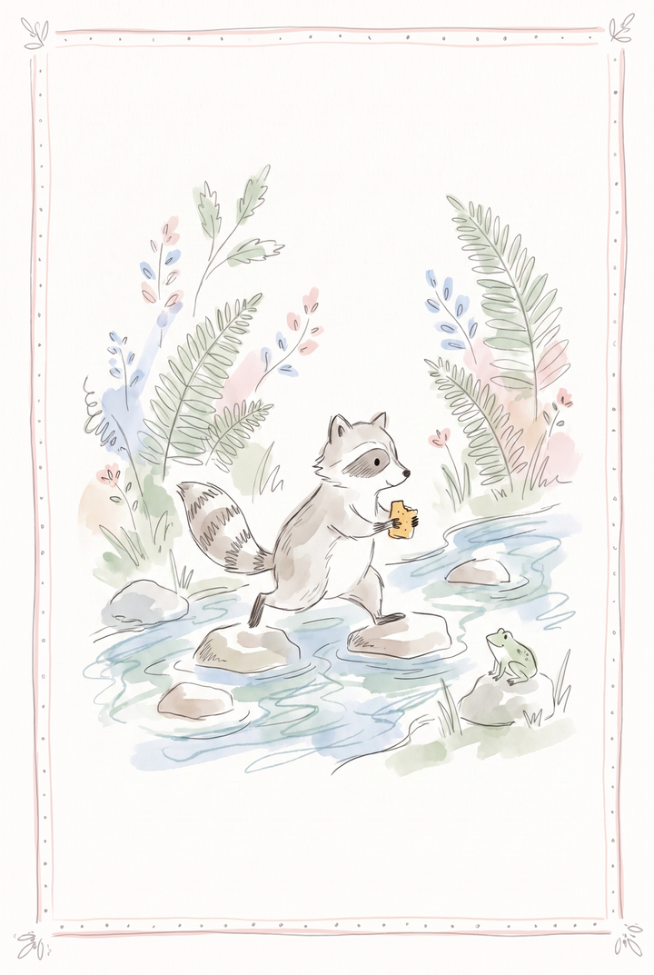 Watercolor stepping stone raccoon wall art of a raccoon holding a snack and crossing a stream near a small frog.