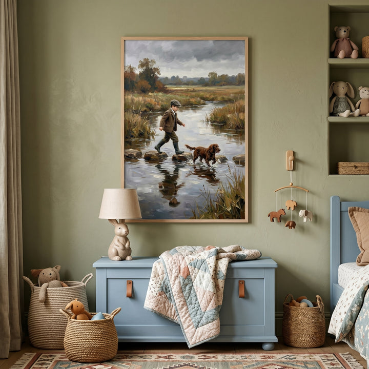 Stepping Stone River Boy Wall Art - Crossing The Stream