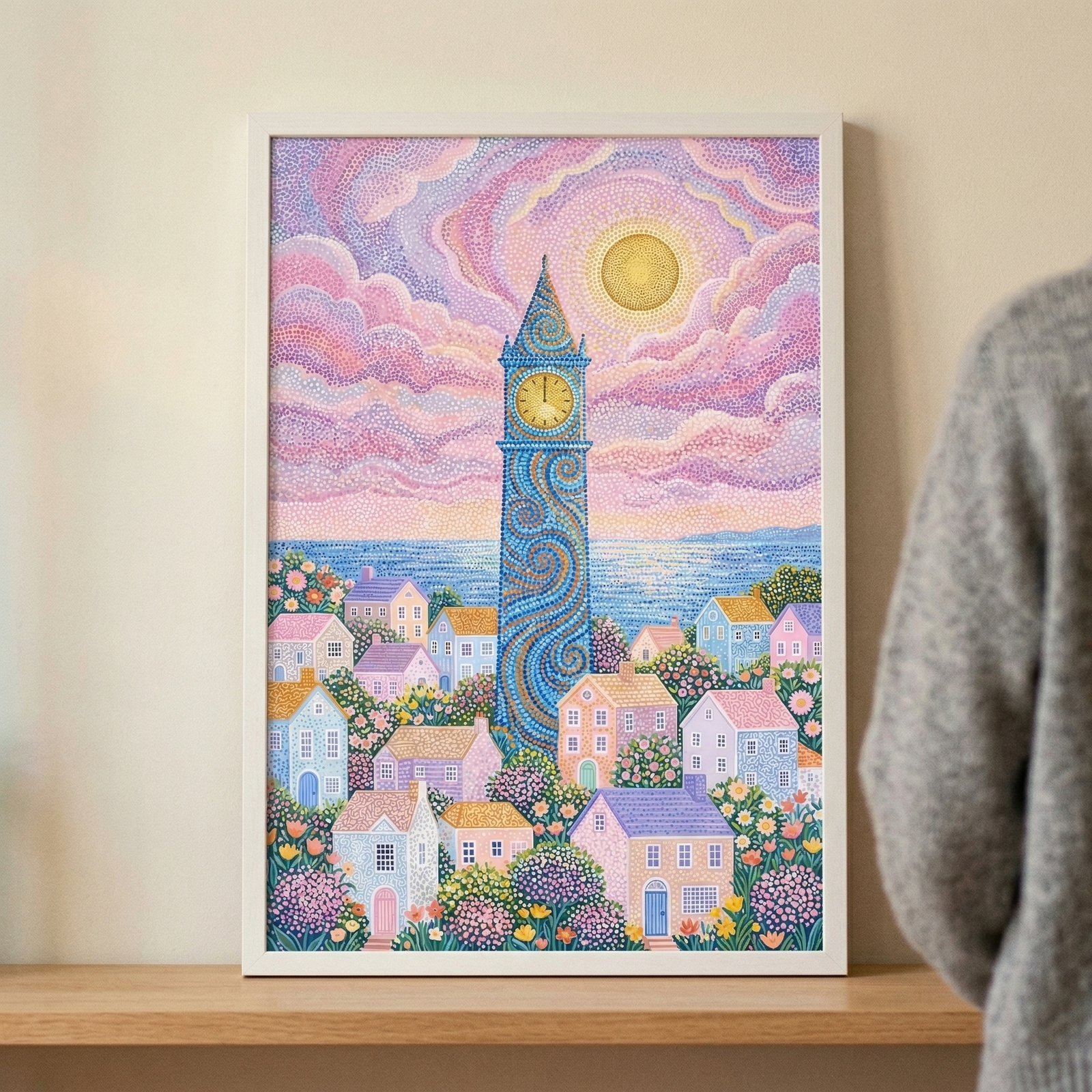 A vertically oriented, framed piece of artwork is displayed on a light wooden shelf against a plain, neutral wall. To the right, a person's shoulder and arm, clad in a thick, textured grey sweater, are partially visible.
The illustration inside the frame features a vibrant, whimsical coastal scene created with a detailed stippling or pointillist technique. In the center, a tall, slender blue clock tower rises, decorated with intricate, dark blue swirling patterns. 