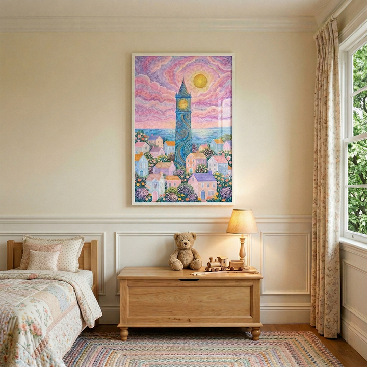 A cozy, warmly lit child’s bedroom features a large, whimsical illustration as its centerpiece. The artwork, displayed in a simple white frame, depicts a tall, ornate clock tower rising above a charming village of pastel-colored houses. The sky in the image is filled with vibrant, swirling clouds of pink, purple, and blue, centered around a large, luminous yellow moon or sun. The style of the piece is dreamlike and textured, with soft, blended colors.
