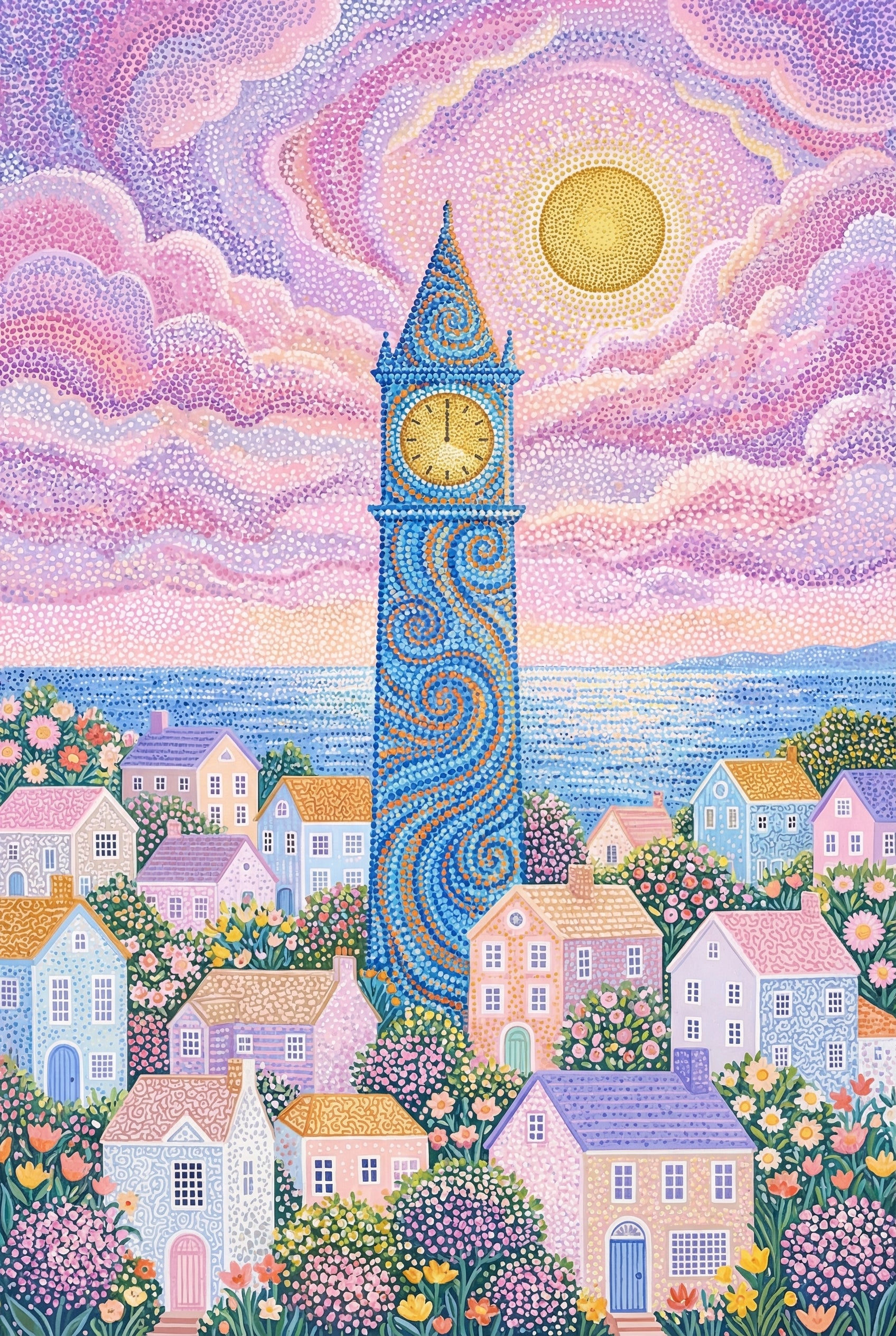 Stippled Blue Clock Tower Wall Art - Swirling Clock Tower