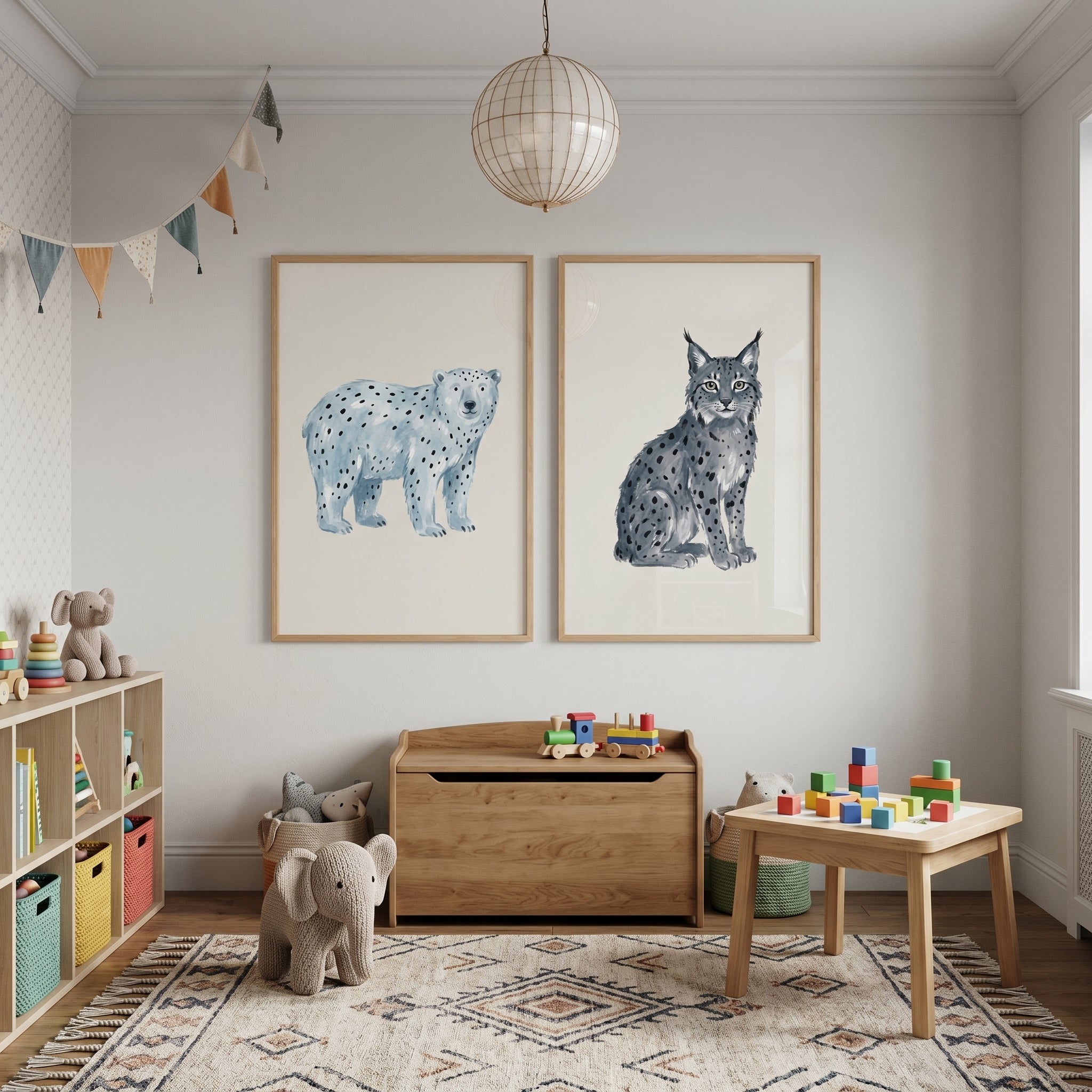 Stippled Blue Winter Animals Wall Art Set of 2 - Frosty Spotted Friends