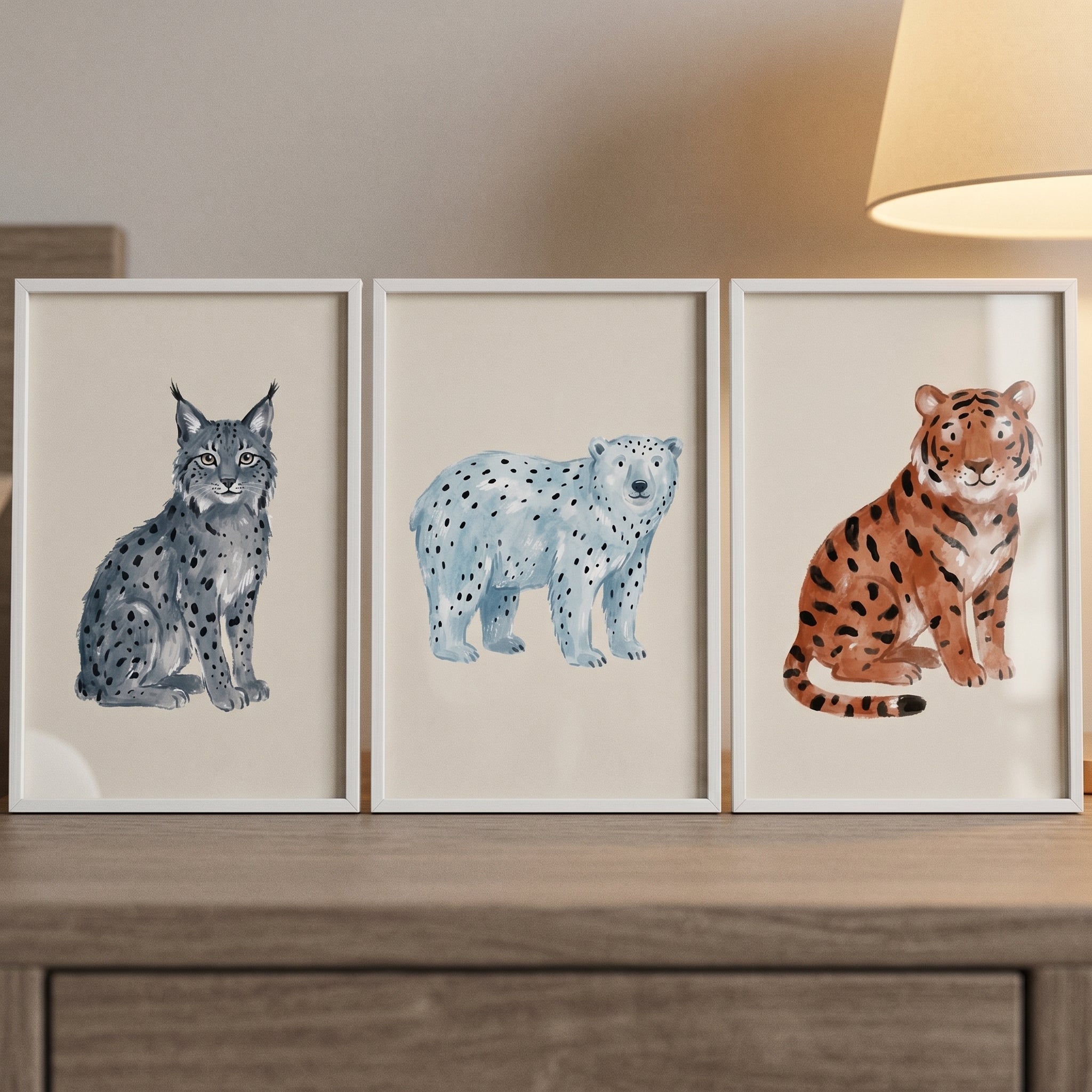 Stippled Earth Tone Animals Wall Art Set of 3 - Wild Animal Trio