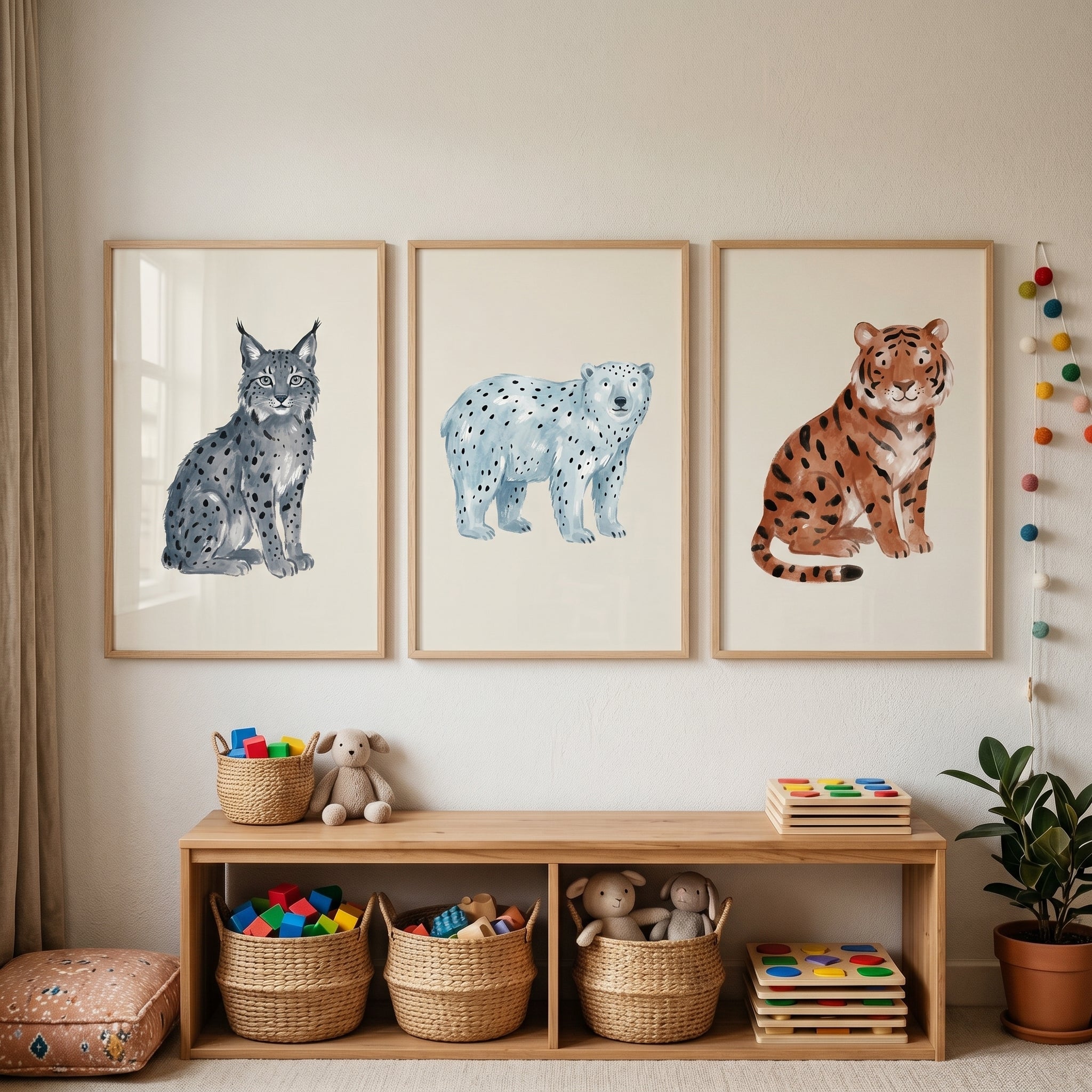 Stippled Earth Tone Animals Wall Art Set of 3 - Wild Animal Trio