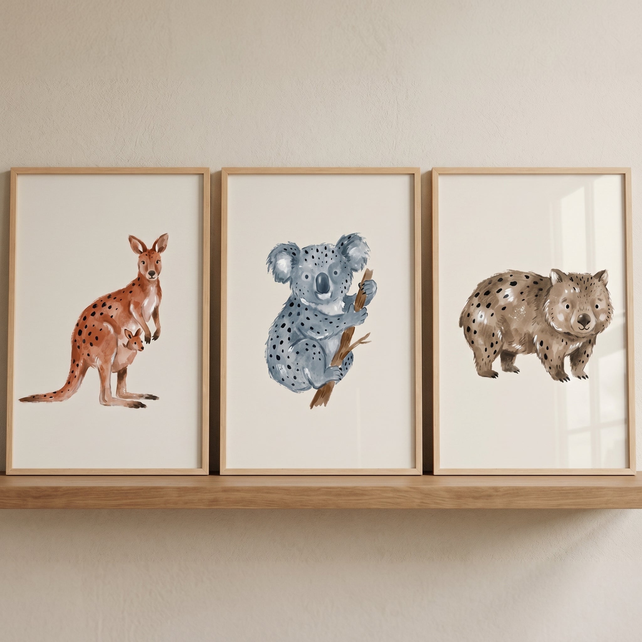 Stippled Earthy Australian Wildlife Wall Art Set of 3 - Australian Animal Trio