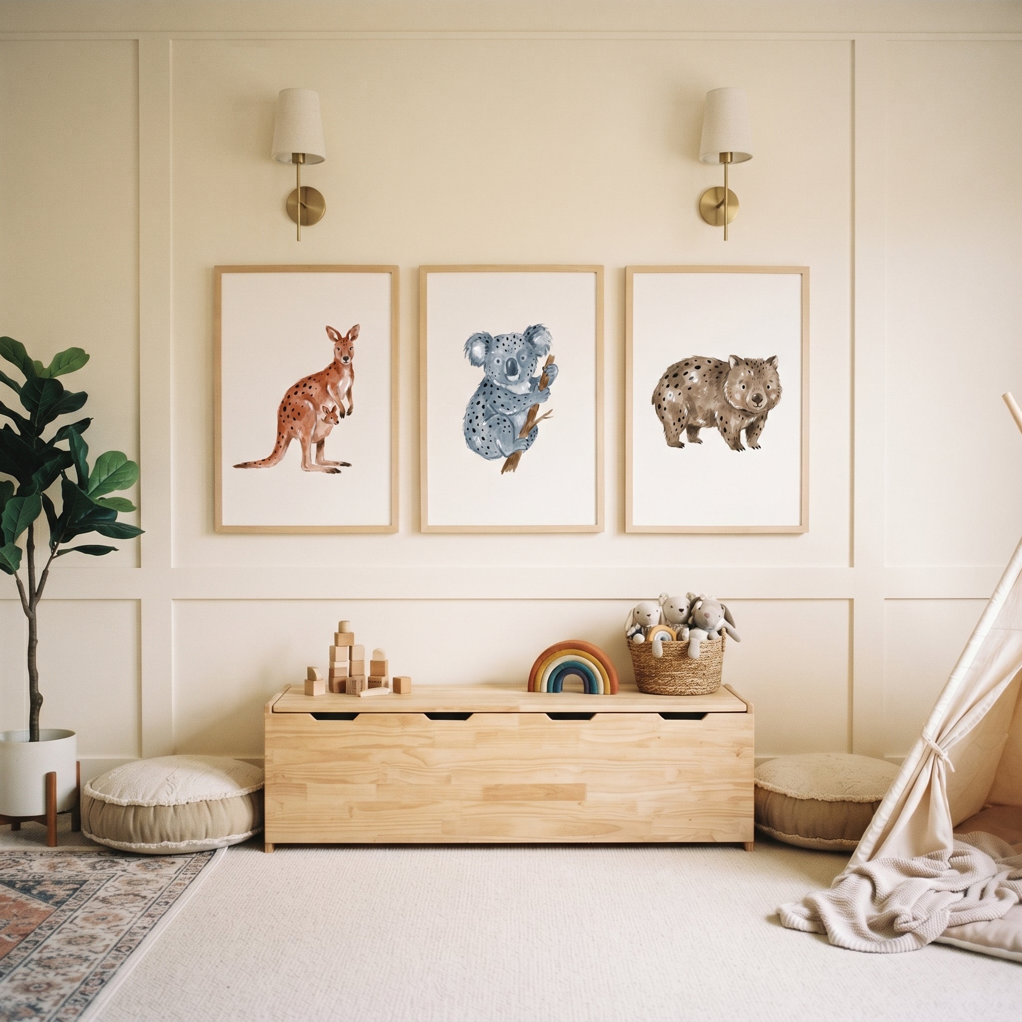 Stippled Earthy Australian Wildlife Wall Art Set of 3 - Australian Animal Trio