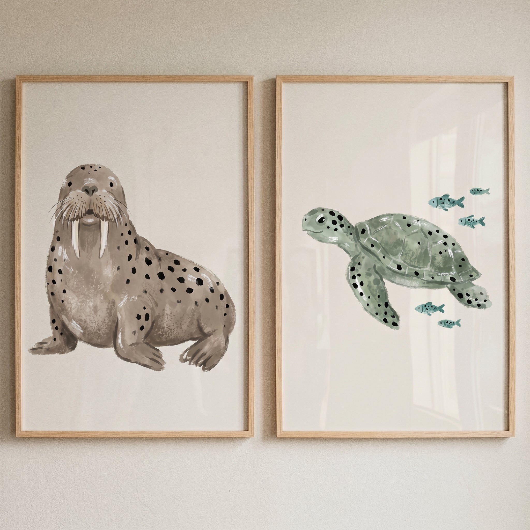 Stippled Earthy Sea Animal Wall Art Set of 2 - Oceanic Animal Duo
