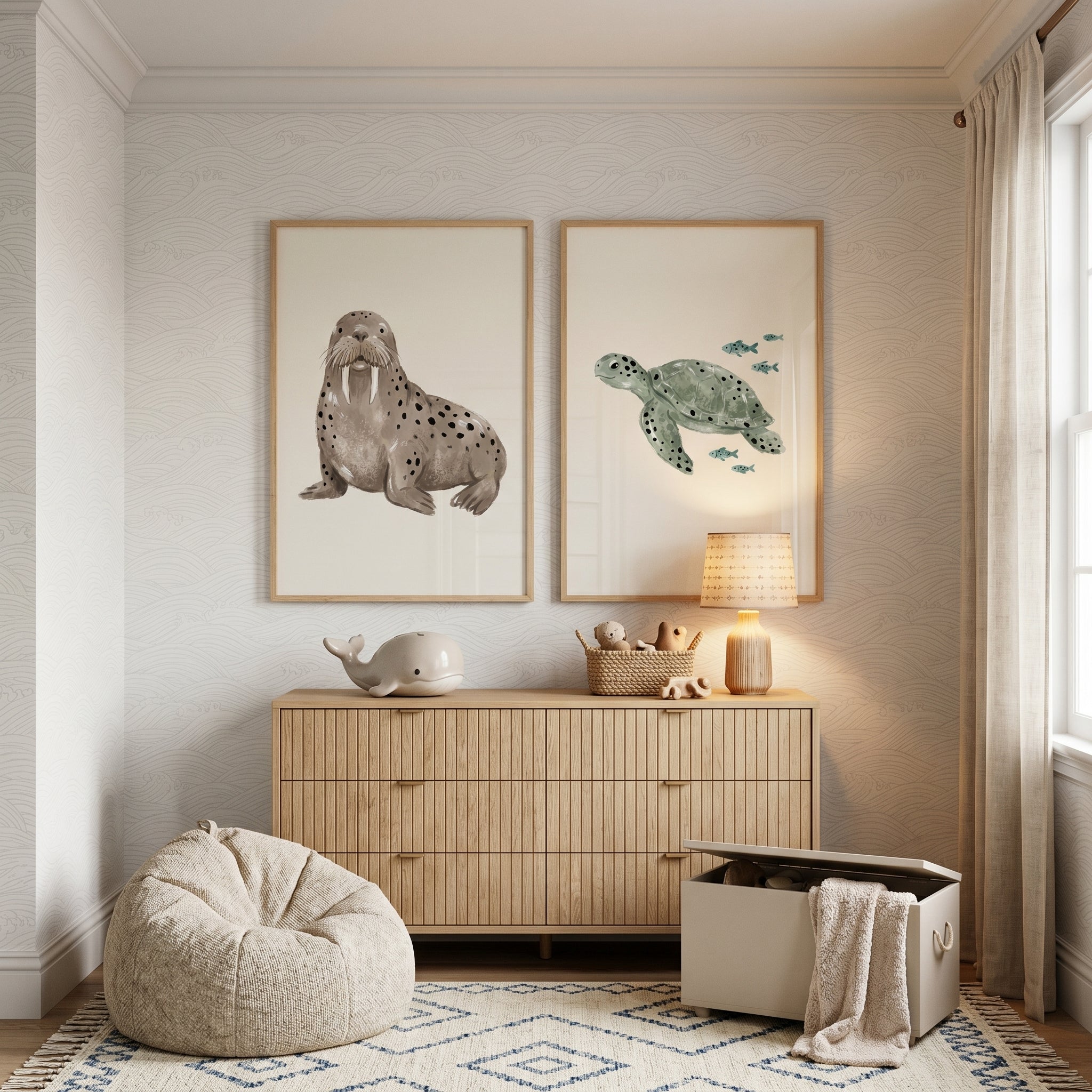 Stippled Earthy Sea Animal Wall Art Set of 2 - Oceanic Animal Duo