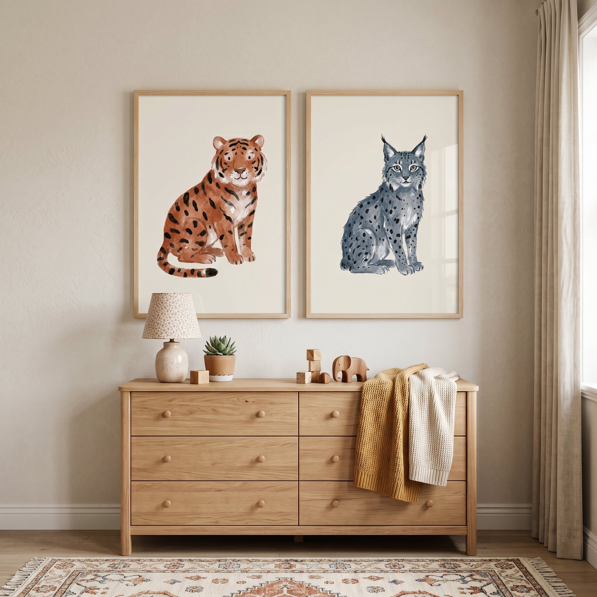 Stippled Earthy Wild Cat Wall Art Set of 2 - Spotted Cat Duo