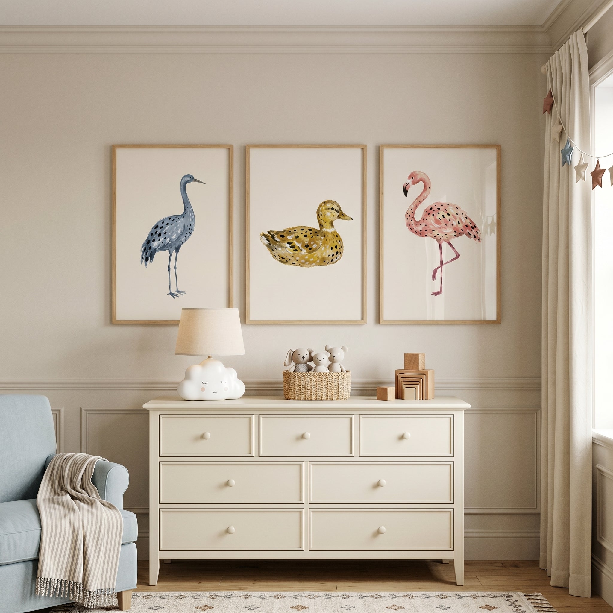 Stippled Minimalist Neutral Birds Wall Art Set of 3 - Spotted Bird Trio