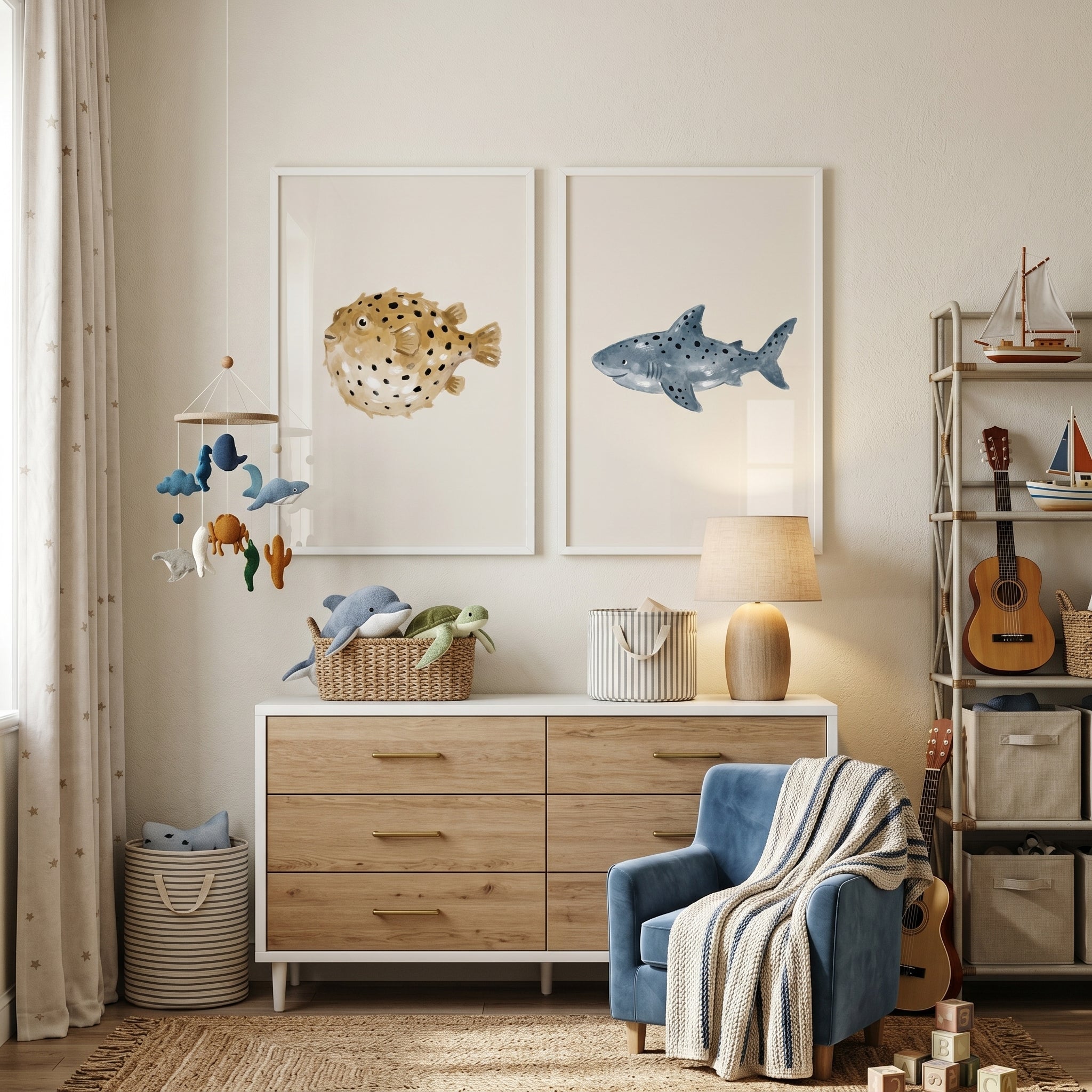 Stippled Neutral Ocean Animals Wall Art Set of 2 - Spotted Ocean Friends