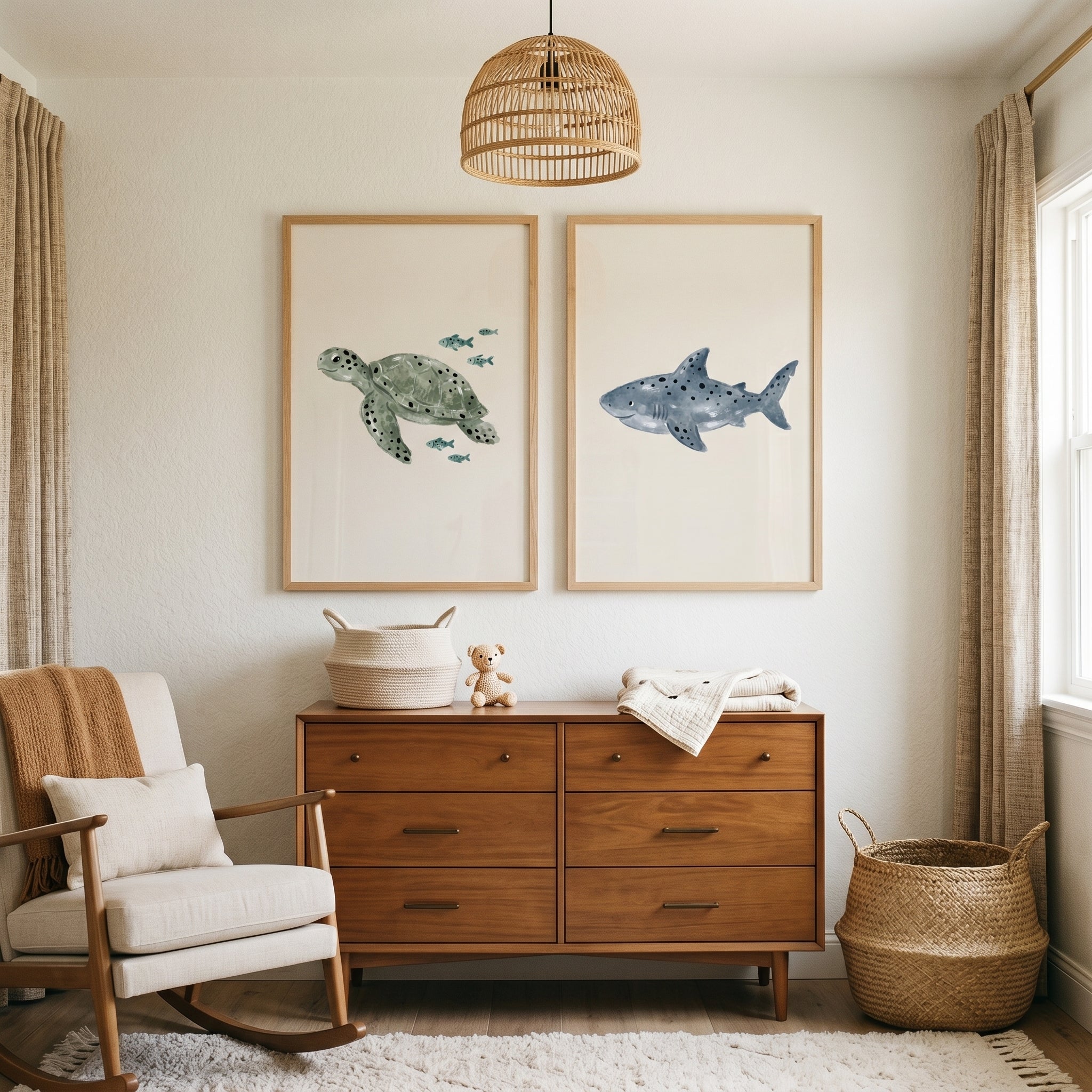 Stippled Neutral Sea Animal Wall Art Set of 2 - Deep Sea Duo