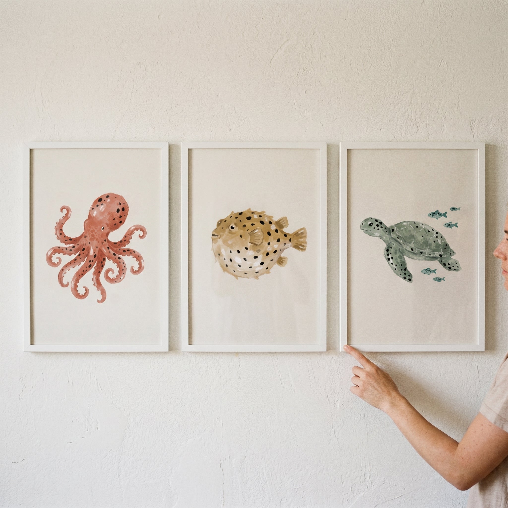 Stippled Neutral Sea Creature Wall Art Set of 3 - Watercolor Sea Creatures