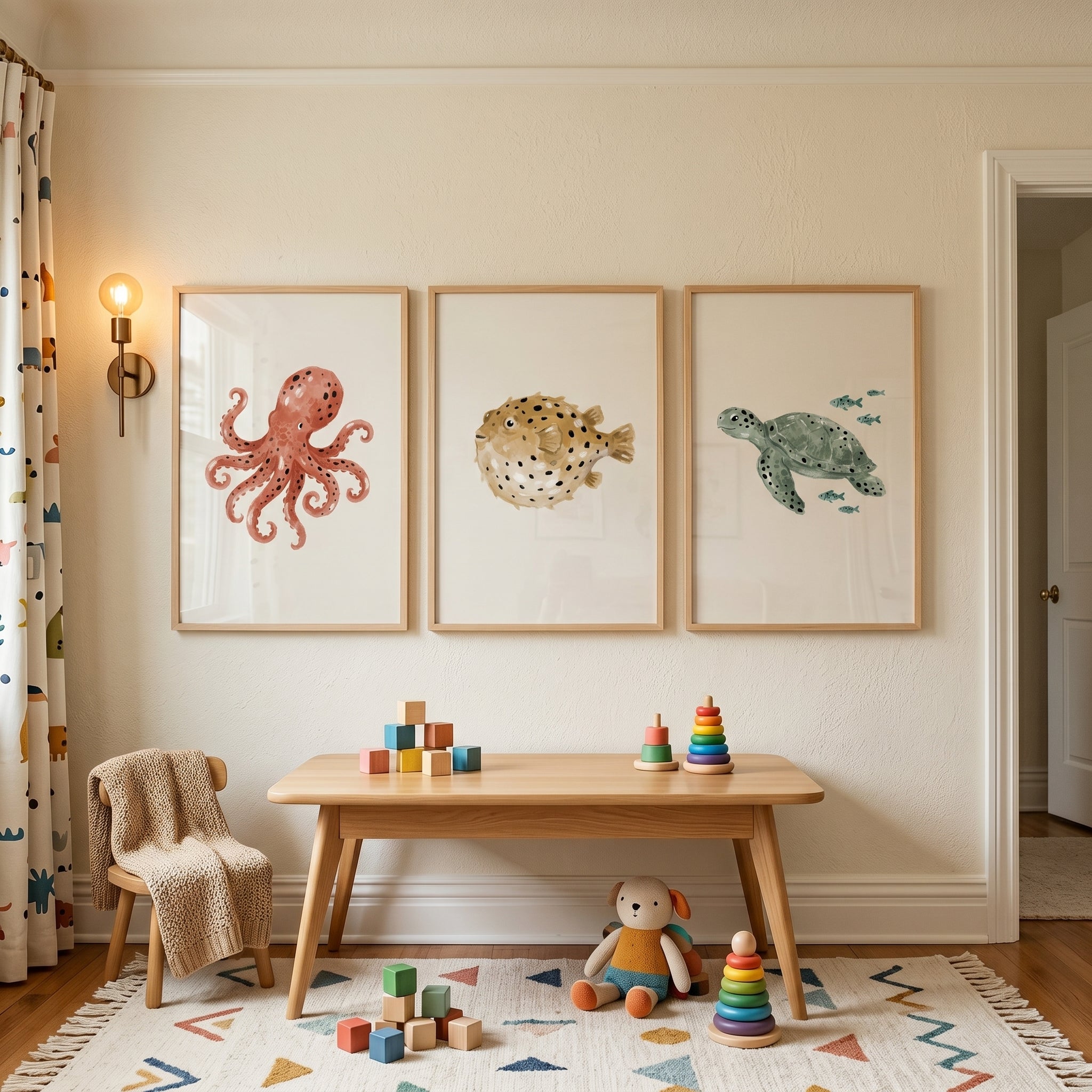 Stippled Neutral Sea Creature Wall Art Set of 3 - Watercolor Sea Creatures