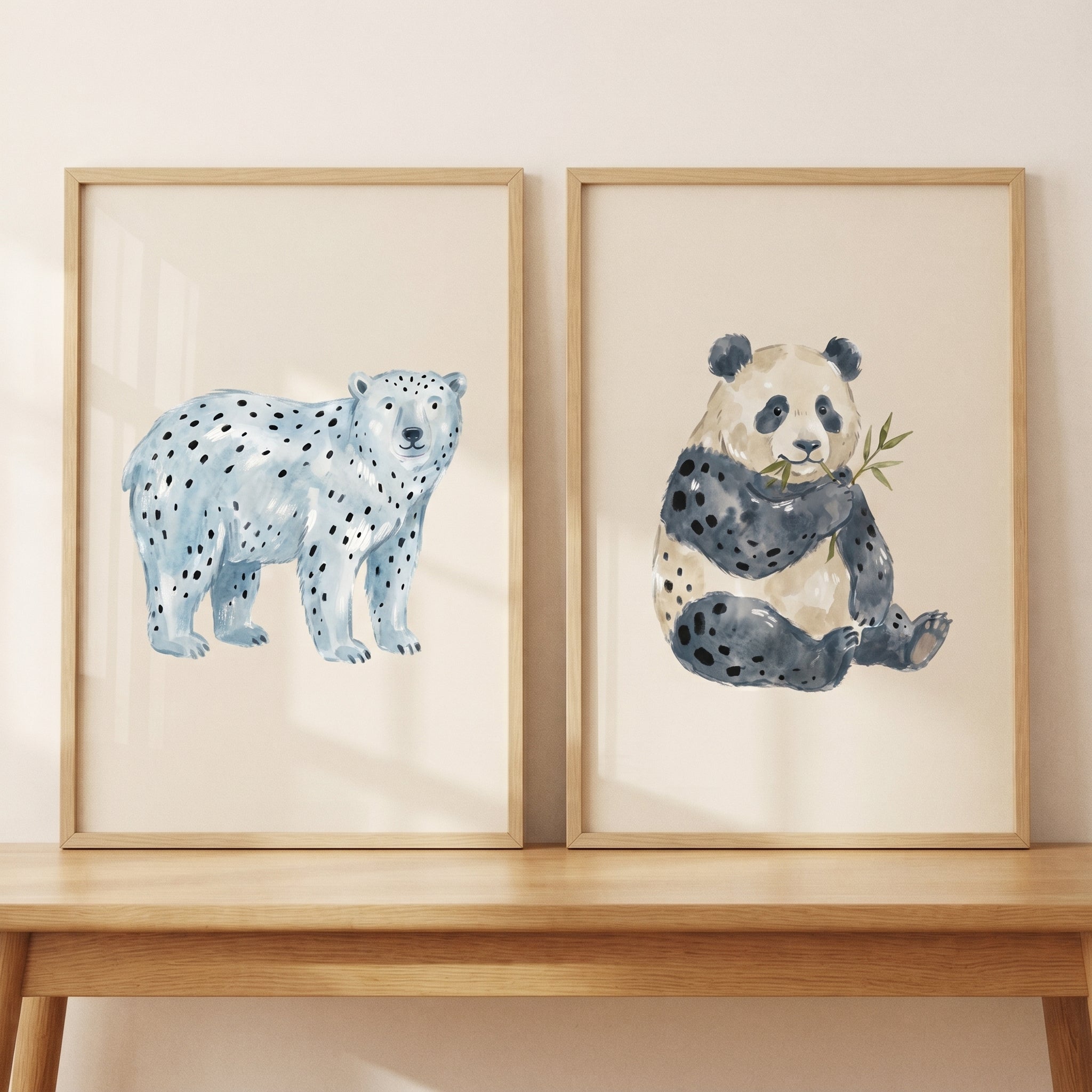 Stippled Neutral Watercolor Bear Wall Art Set of 2 - Spotted Bear Duo
